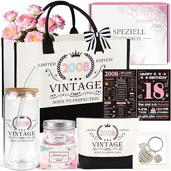 TUZELIYA 18th Birthday Girl - Vintage 2008 Birthday Gift Set for Daughter Girlfriend Niece Sister - 7-Piece Including Canvas Shopper Cosmetic Bag Drinking Glass Scented Candle Key Ring Card