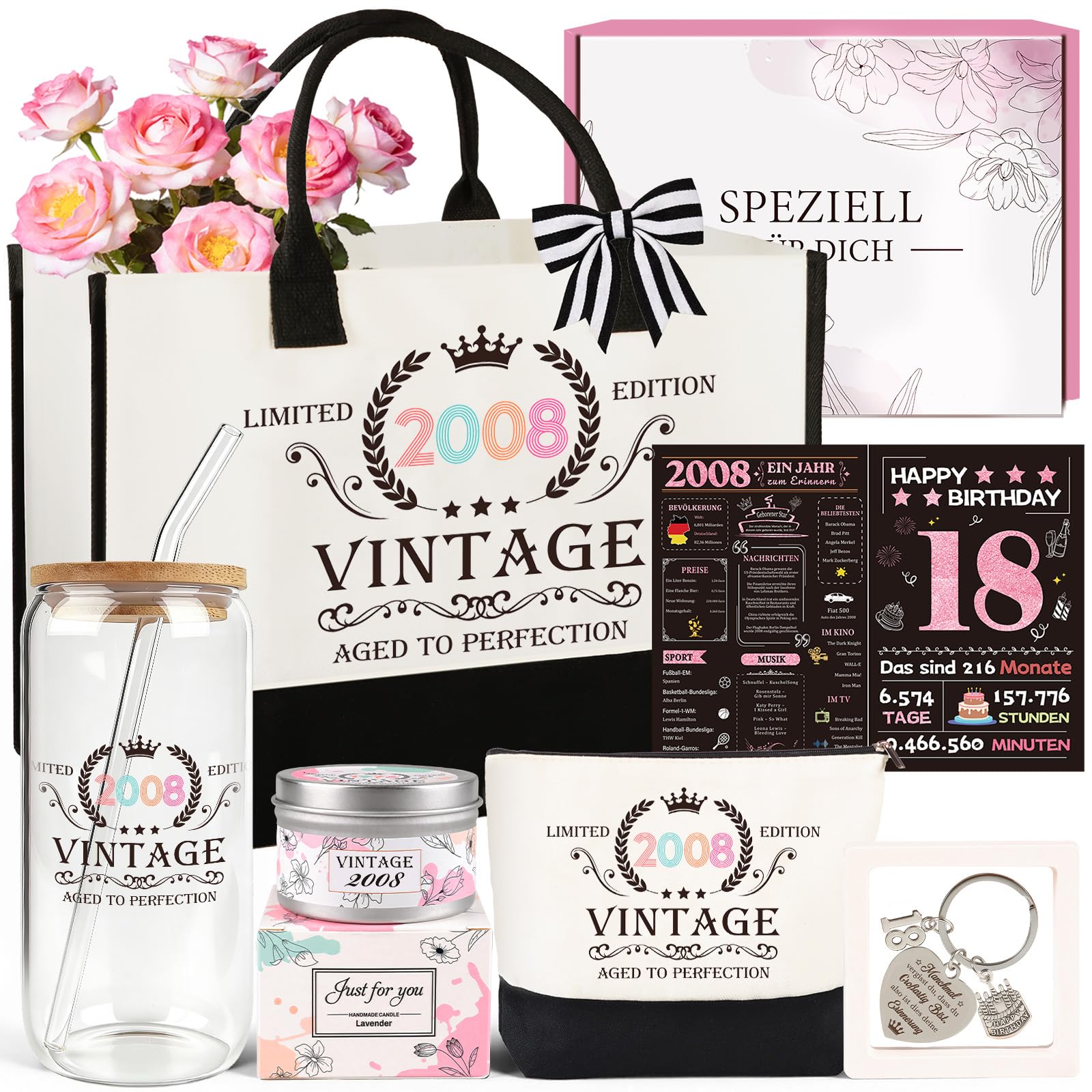 TUZELIYA 18 Geburtstag Mädchen - Vintage 2008 Geburtstagsgeschenk Set für Tochter,Freundin,Nichte,Schwester - 7tlg inkl. Canvas-Shopper, Kosmetiktasche, Trinkglas, Duftkerze, Schlüsselanhänger, Karte
