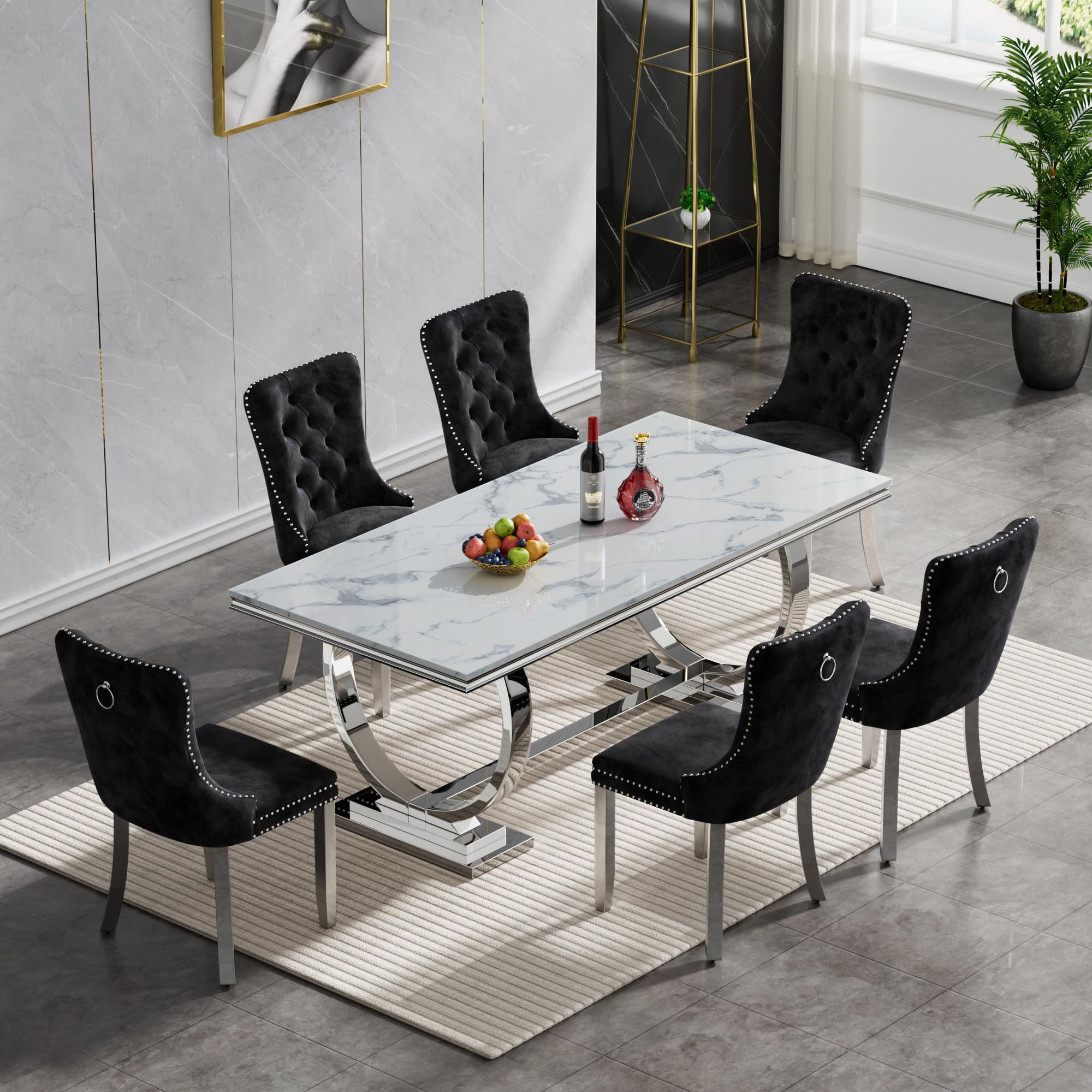7 Piece Marble Dining Table Set for 6, Luxury 68" White Marble Silver Kitchen Table with 6 Black Velvet Upholstered Chairs, Modern 6 Person Dining Room Table Set for Kicken Dining Office Room