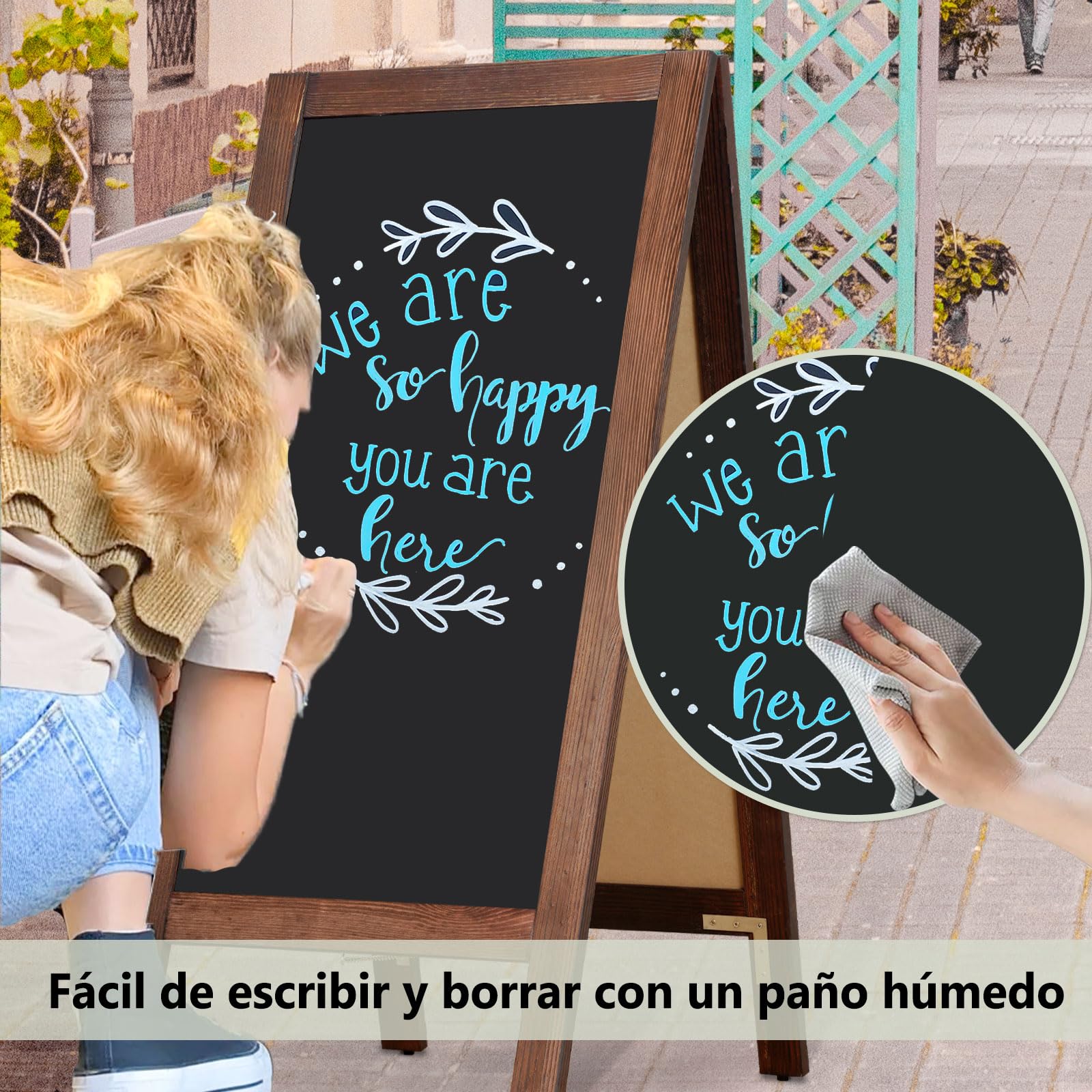 DOLLAR BOSS Pizarra de tiza magnética 48x100cm pizarra caballete doble cara | pizarra de pie para el borde de la carretera al aire libre, para cafeterías, tiendas y bodas, marco de madera de pino