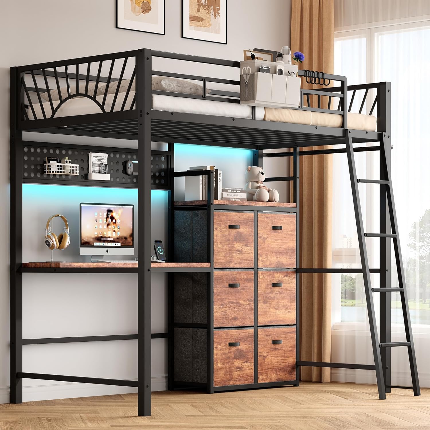 Twin Metal Loft Bed with Desk, 6 Storage Cabinet, LED Light Bunk Bed Frame Twin Size with Charging Station, No Box Spring Needed, Extra Wide Stair Treads&Safety Ladder, Hanging Rod&Guardrail