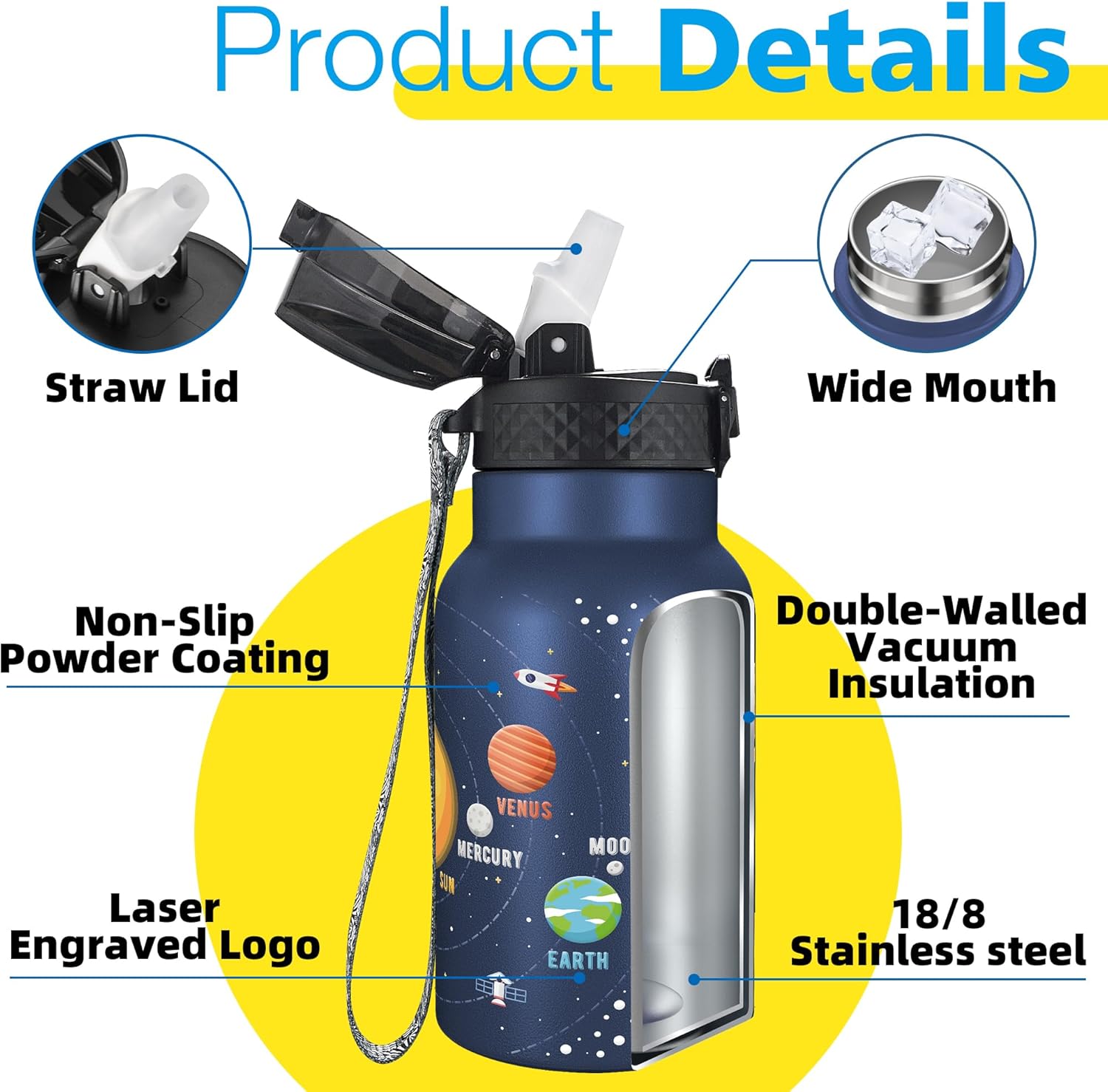 Han's Bottle Kids Water Bottle with Straw Lid - Insulated Stainless Steel Reusable Tumbler for Girls,Boys,Thermo Mug,12oz,Space Planet - Image 5