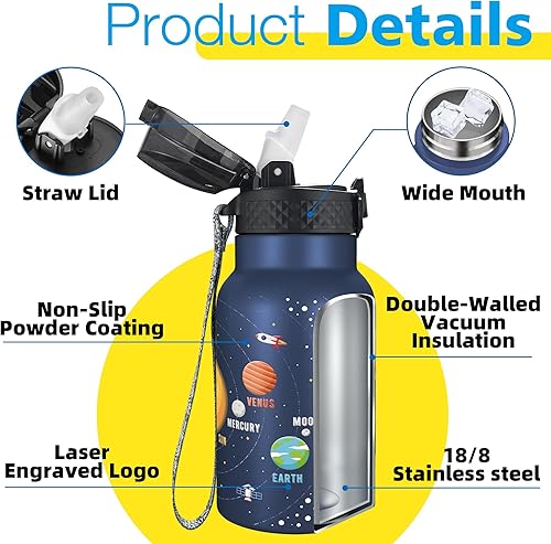 Miniatura 5 de Han's Bottle Botella de agua para niños con tapa con pajilla, vaso reutilizable de acero inoxidable aislado para niñas, niños, taza térmica, 12