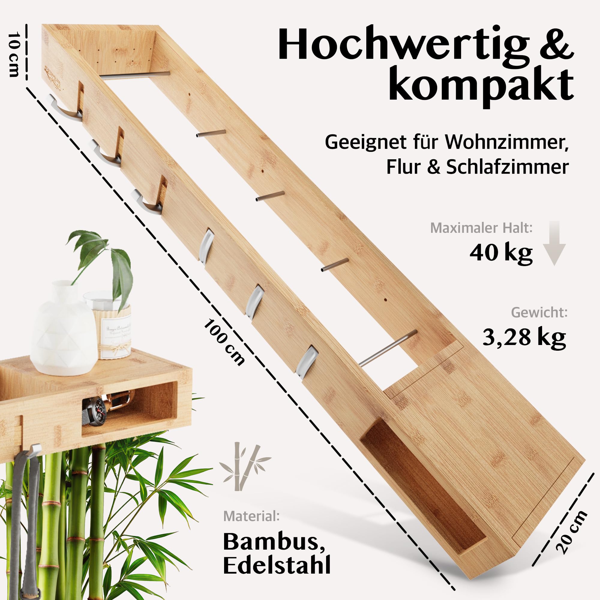 Wandgarderobe Holz – Platzsparende 4in1 Garderobe - 100cm | Garderobenpaneel mit Ablage, Haken, Kleiderstangen, Brillenhalter – Garderobenleiste für Flur, Schlafzimmer, Wohnzimmer