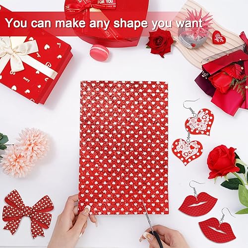 Miniatura 4 de Whaline 12 hojas de cuero sintético de San Valentín de 12 x 8 pulgadas tela de cuero sintético con purpurina de corazón rojo surtido de tela de