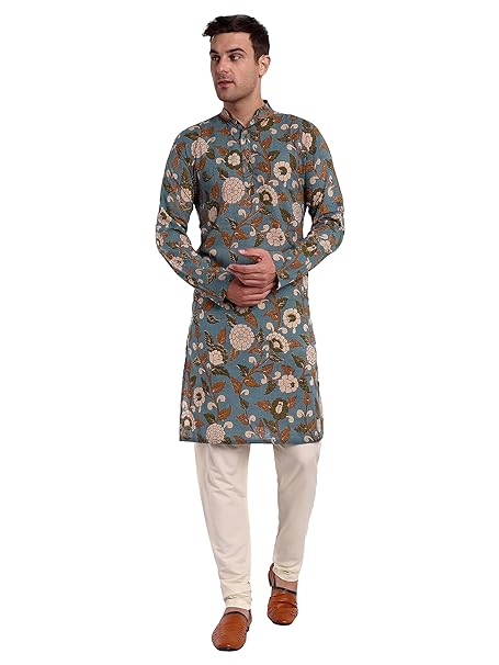 TESMARE Pure Cotton Long Sleeve Kalamkari Men Kurta Regular Fit Full Sleeve Men Straight Long Kurta,Blue