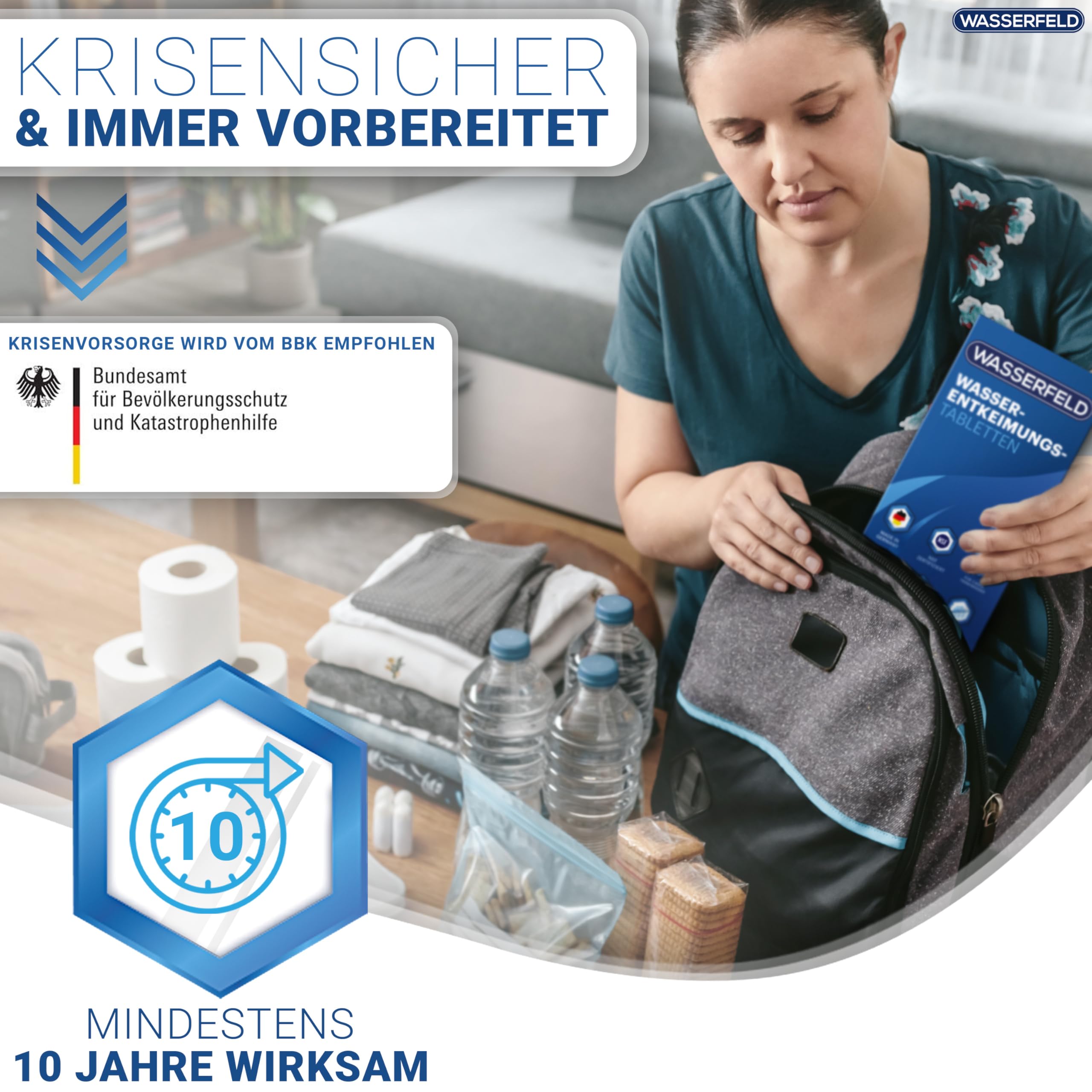 WASSERFELD® Wasserentkeimungstabletten [26 Stück] - Made in Germany - NSF geprüfte Wasseraufbereitung Tabletten für 2.600L Trinkwasser - Notfall Ausrüstung - Trinkwasseraufbereitung