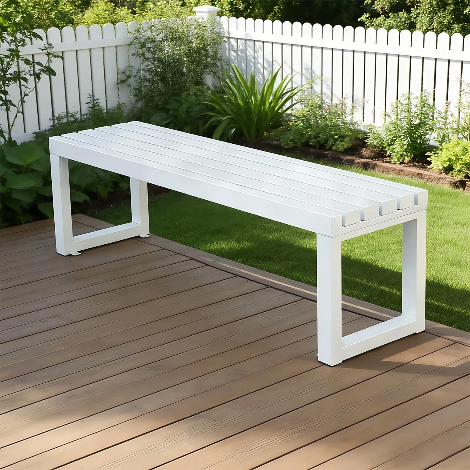 Banc de jardin en métal blanc 120cm avec assise lattes pour porche