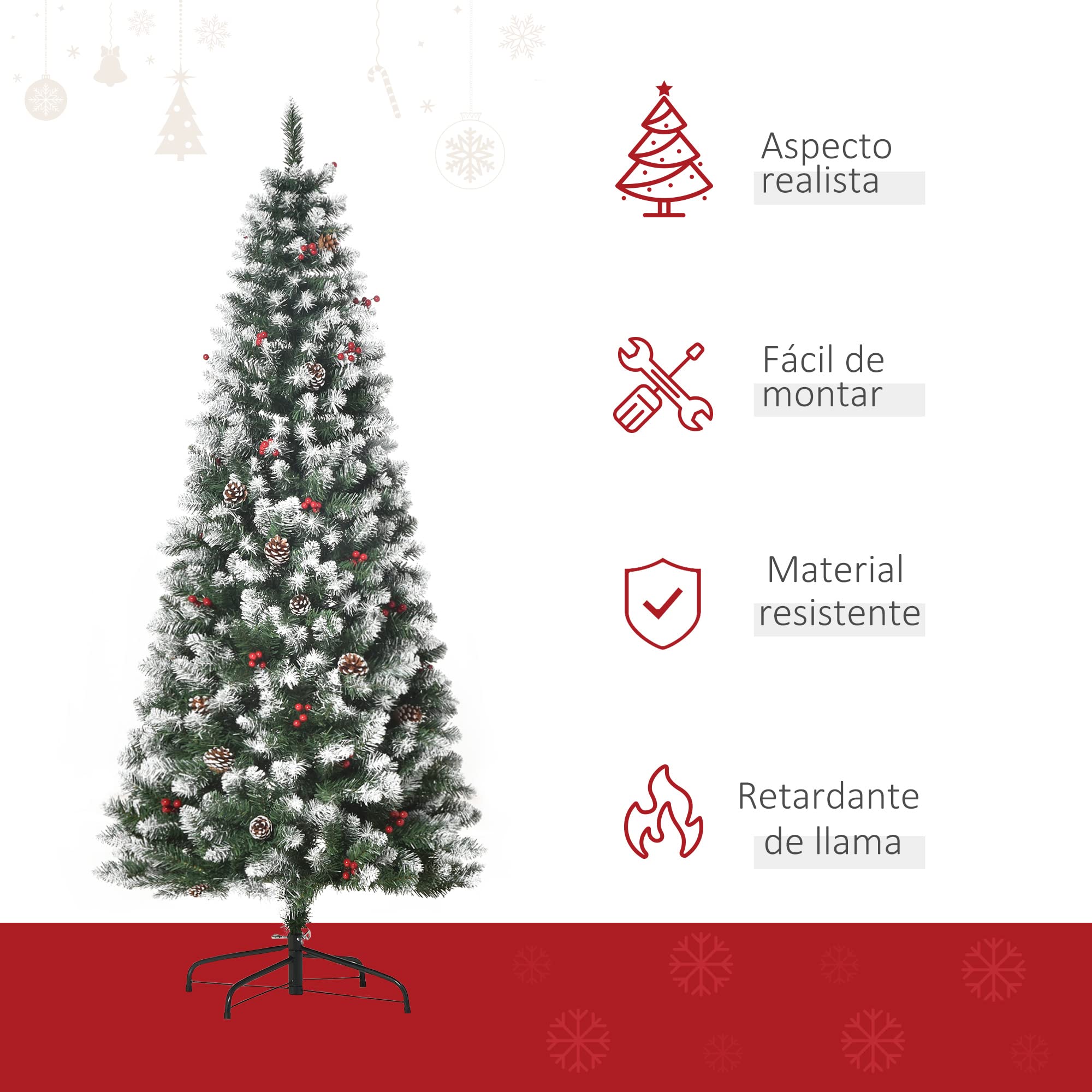 HOMCOM Árbol de Navidad Plegable 180 cm con Nieve 618 Ramas 30 Bayas 34 Piñas Hojas Apertura Automática y Soporte Metálico Decoración Navideña para Interior Verde