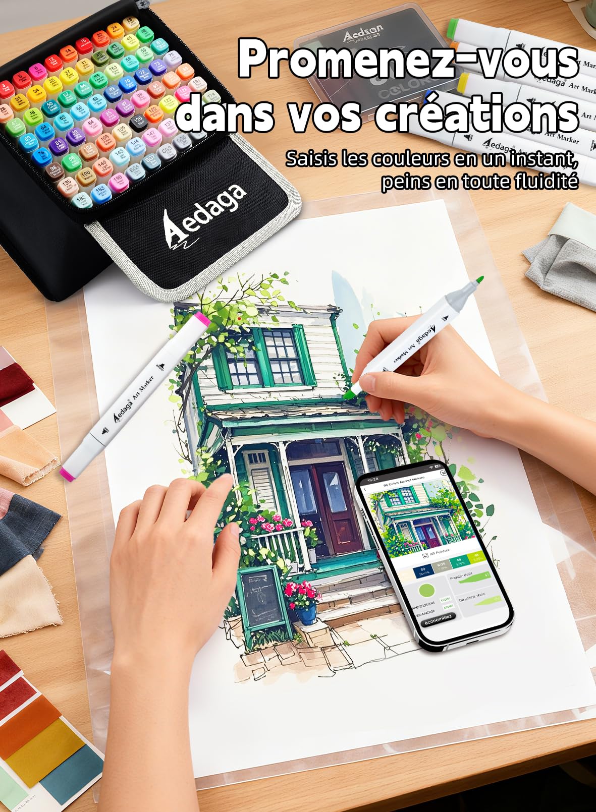 AEDAGA 200 Couleurs Feutre a Alcool avec App Marqueurs Alcool Double Pointe