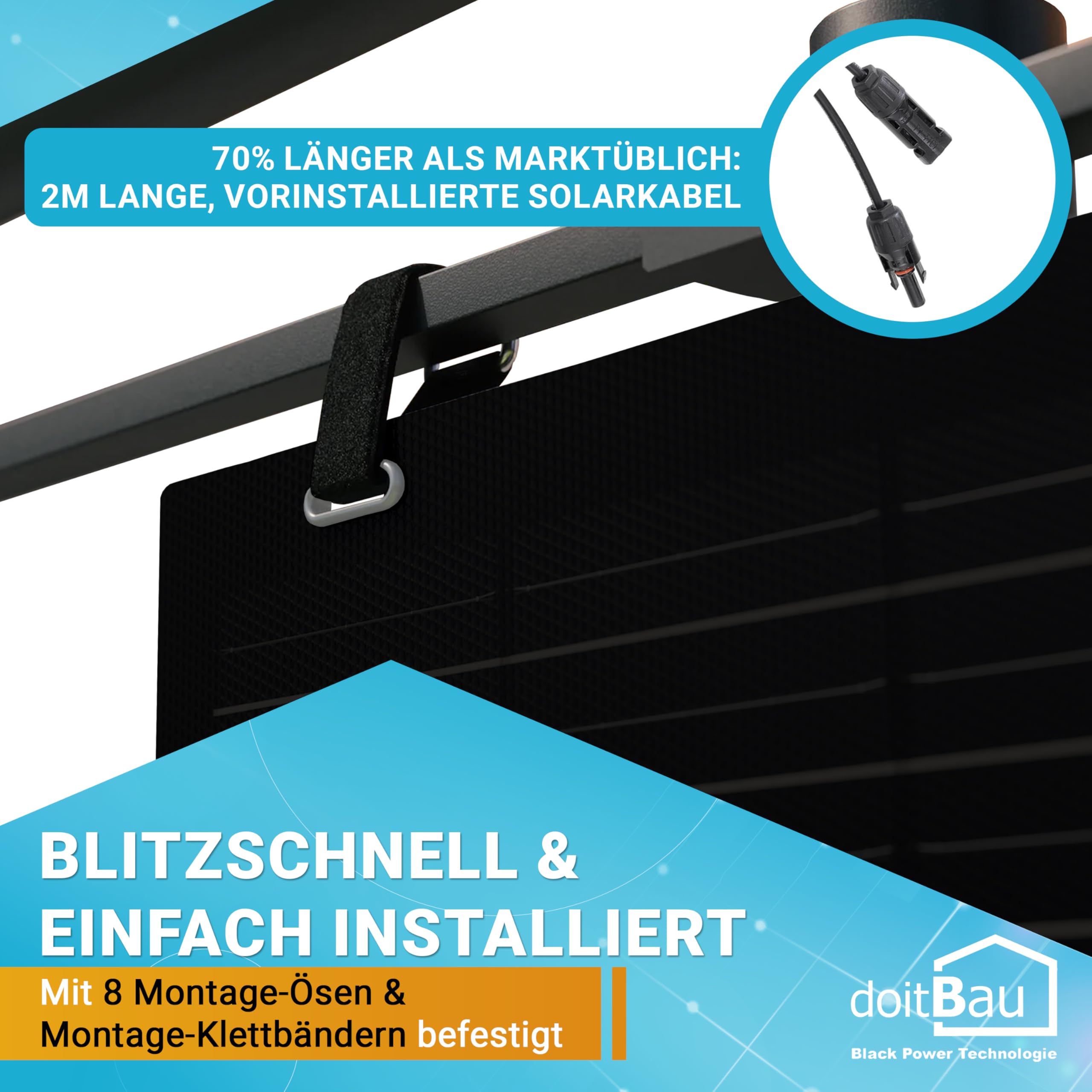 doitBau Modulo solare flessibile 200 W Full-Black - ultra sottile 2 mm, 1,9 kg - 1352 × 770 mm per camper, barca, balcone e tetto
