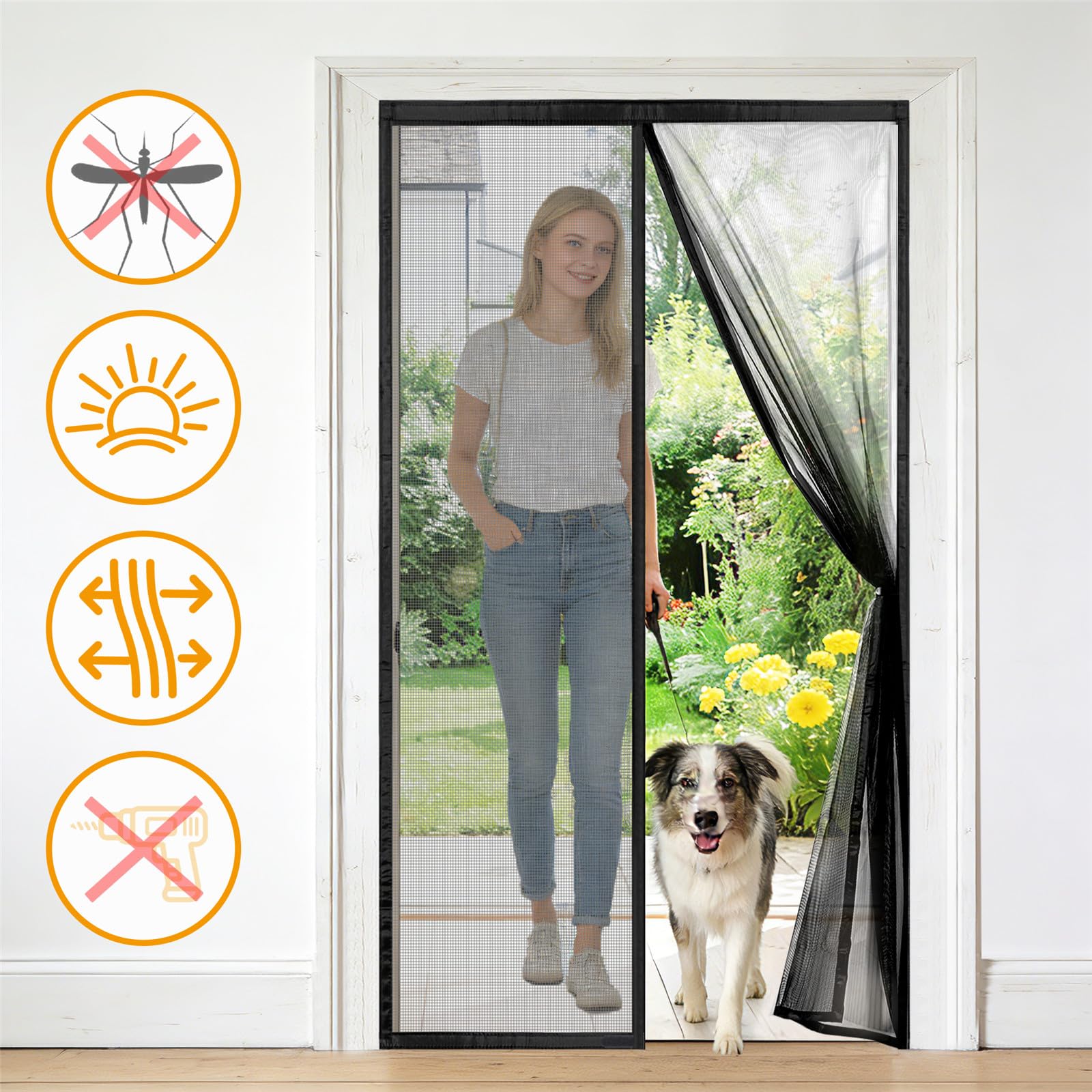 Moustiquaire Magnétique Porte 140x225 cm, Rideau Anti Moustique Fermeture Automatique Aimants Puissants Sans Perçage pour Couloirs Patio Extérieur Coulissant, Noir
