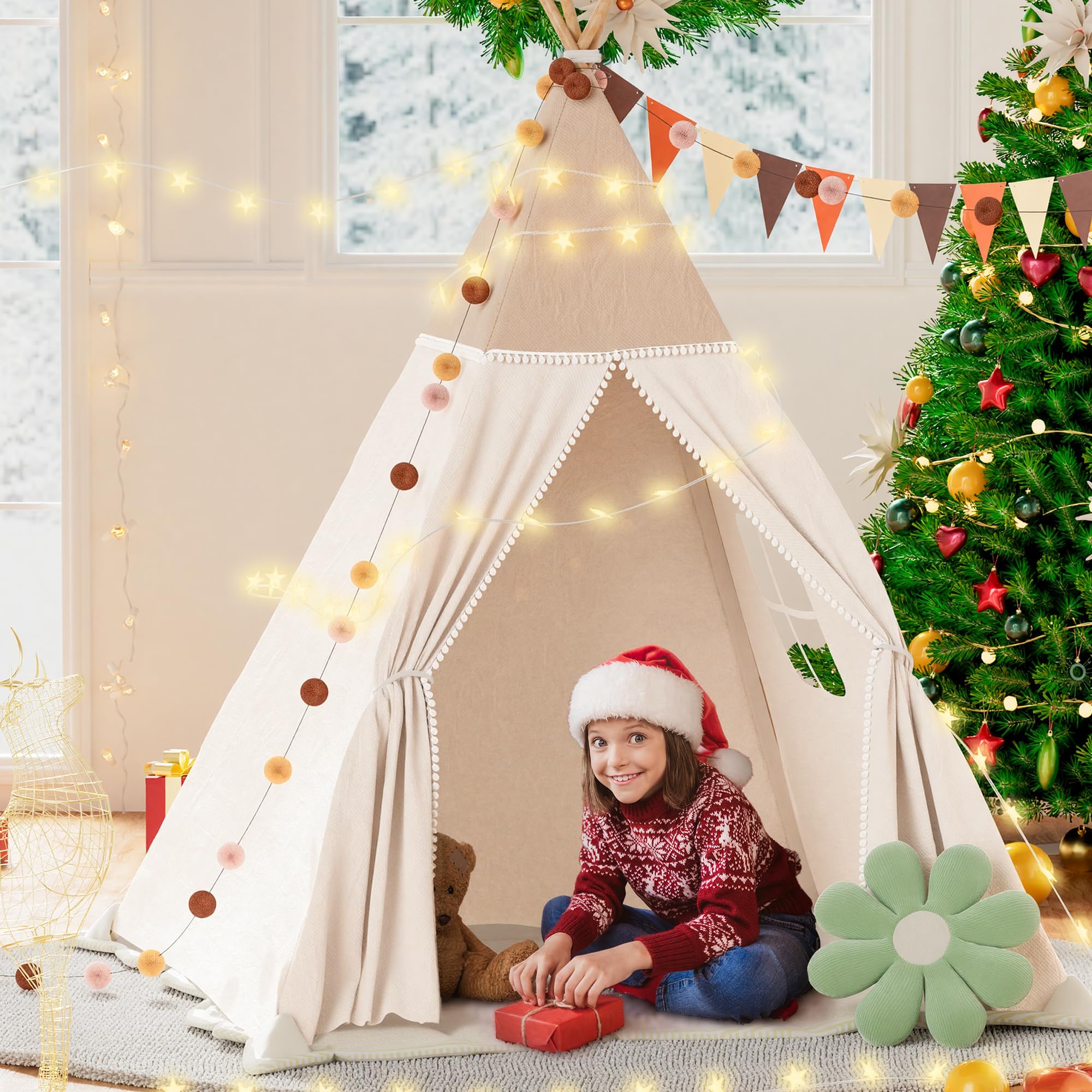 Tipi tenda per bambini, tenda da gioco con coperta imbottita, catena luminosa, borsa per il trasporto, stile Montessori, per bambini, colore: verde chiaro