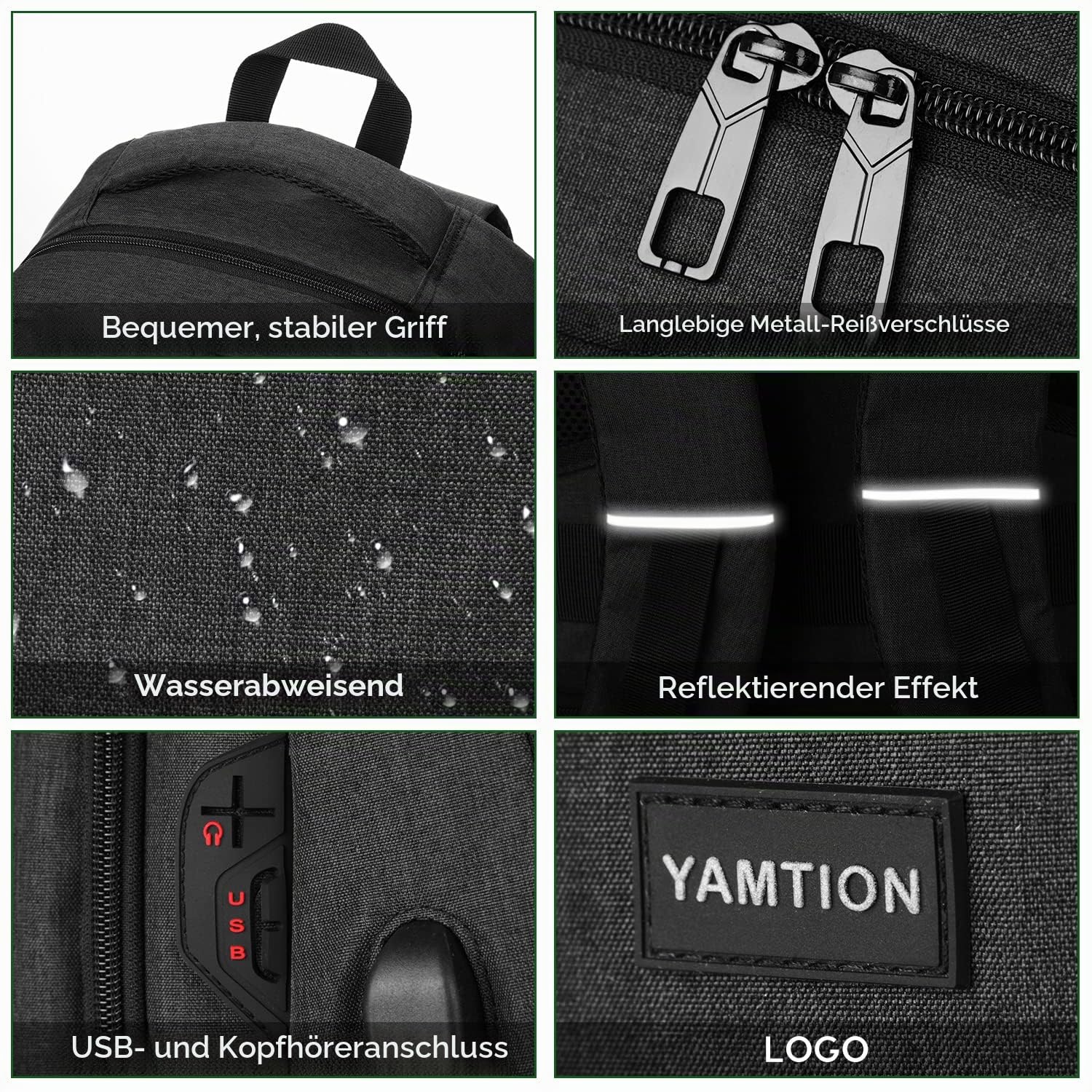 YAMTION Schwarz Rucksack Herren und Damen,Unisex Schulrucksack Teenager für Jungen Mädchen Laptop Rucksack Schultasche mit USB für Uni Schule Arbeit Büro