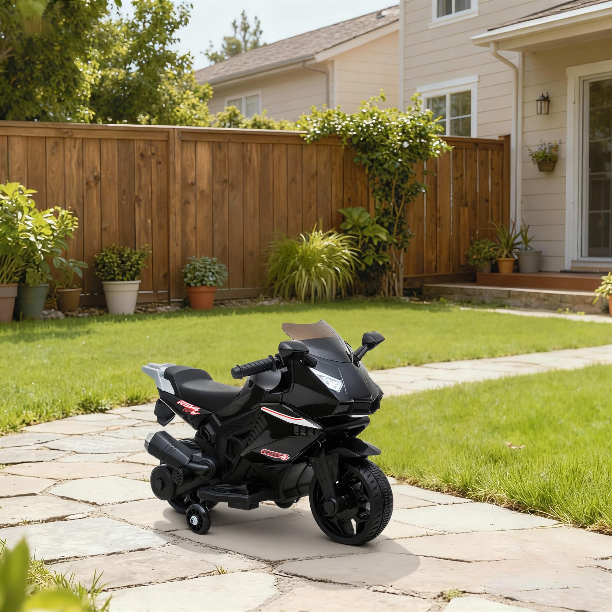 AIYAPLAY Moto électrique Enfants, Moto à Batterie 6 V avec Effets Lumineux et sonores, Roues d'entraînement, Vitesse 2,5 km/h, pour 18 à 36 Mois, Charge Max. 25 kg, Noir