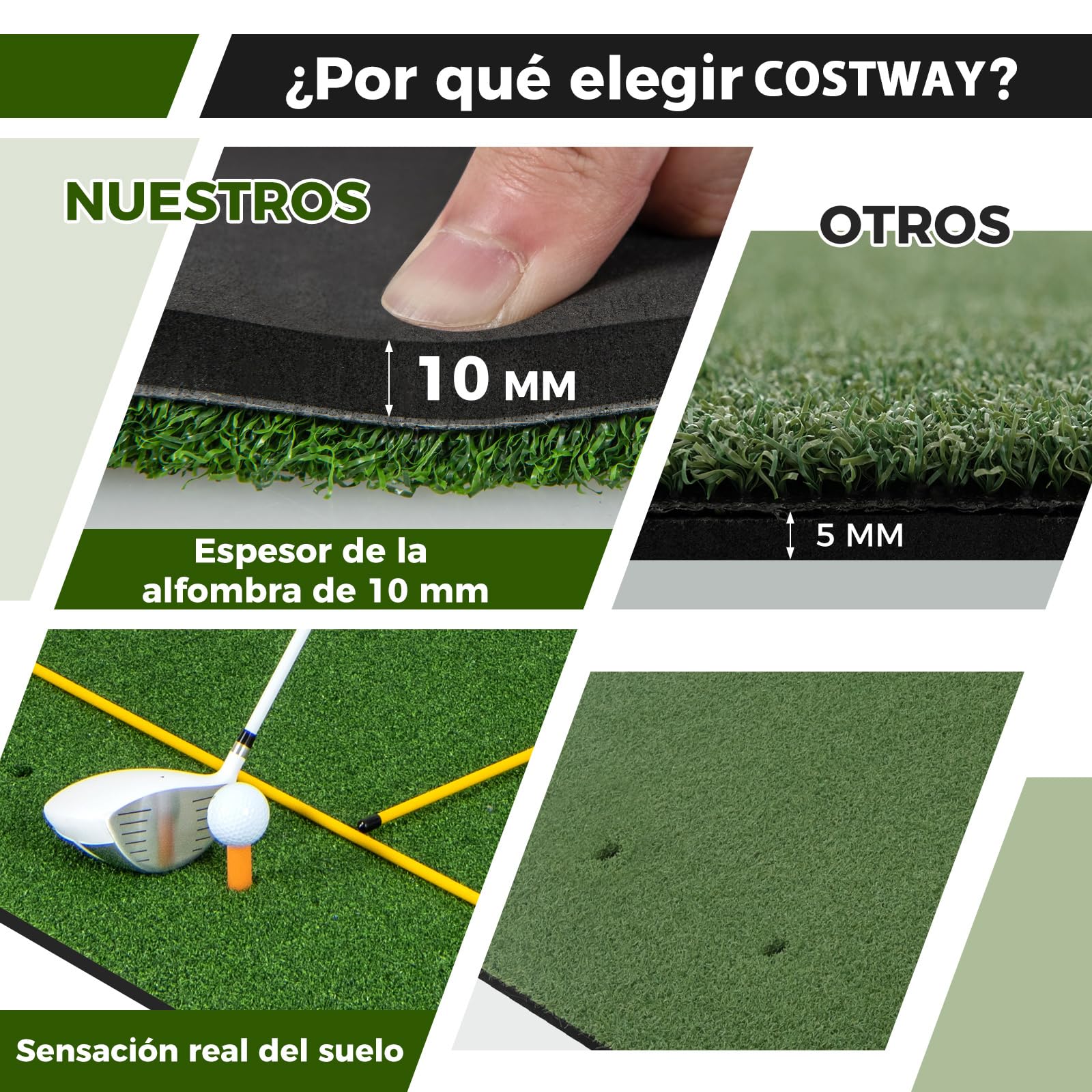 COSTWAY Tapete de Golf 3 en 1, Alfombrilla de Golf Césped Sintético, Densidad 20/25mm, 2 Tees de Golf/2 Palos de Alineación, 3 Orificios Perforados para Tees, Uso Interno y Externo