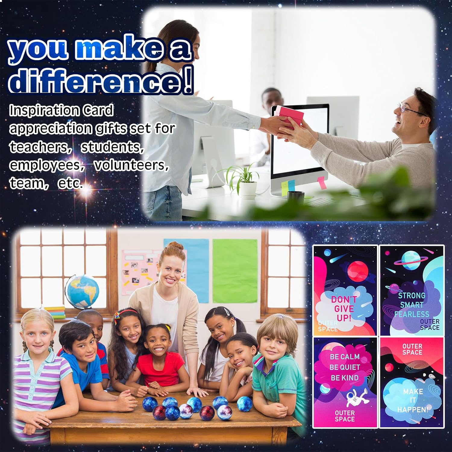 Libima 150pcs Galaxy Stress Balls Gift Set 2 Inch Foam Squeeze Balls Card and Organza Bag Toys for Stress Relief Outer Space Astronaut Party Reward Adults Prize Favors Supplies