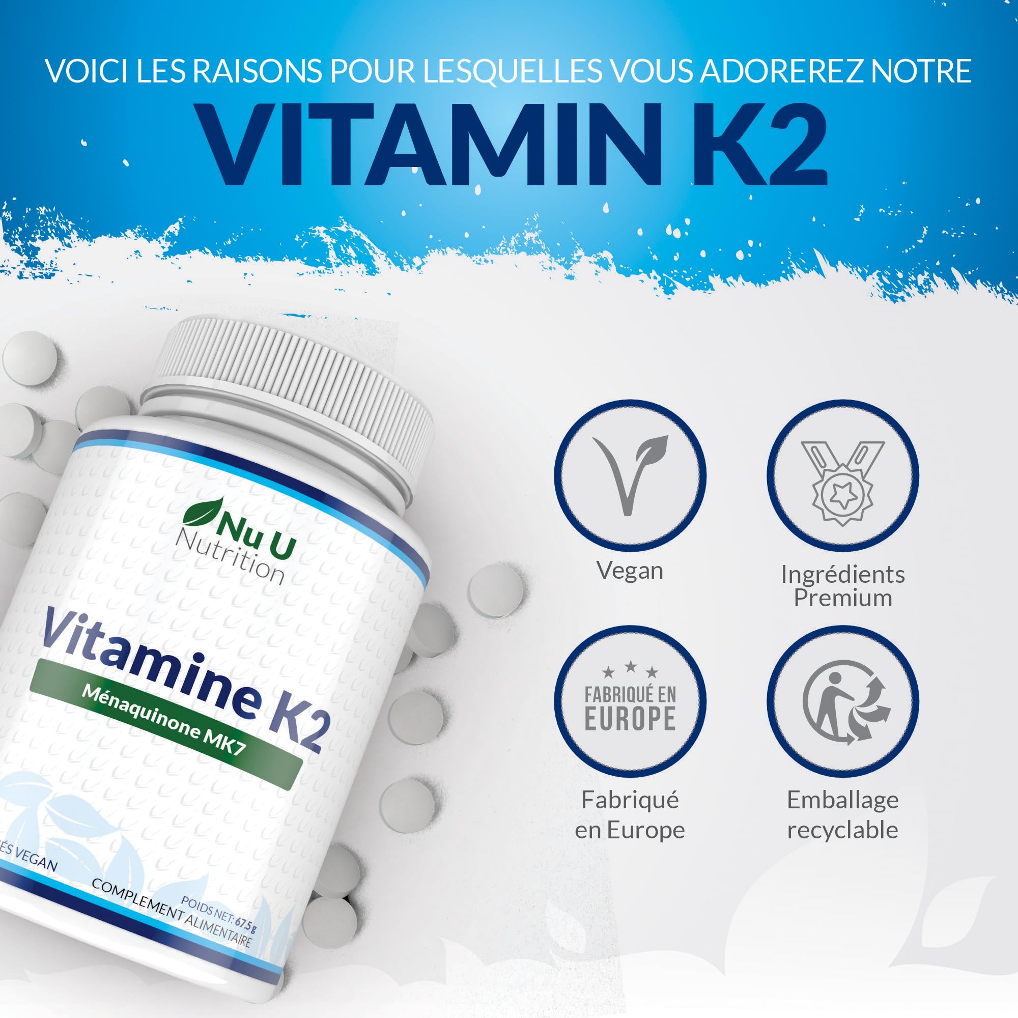 Vitamine K2 MK7 200mcg - 365 Comprimés Végétaliens - Vit K2 Ménaquinone MK7 Natto Trans-isomère - Un An d'Approvisionnement - Fabriqué en Europe - Nu U Nutrition