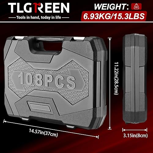 Miniatura 2 de TLGREEN Kit de herramientas mecánicas de 108 piezas, acero CR-V métrico y estándar de 14 y 12 pulgadas, junta universal, barras de extensión,