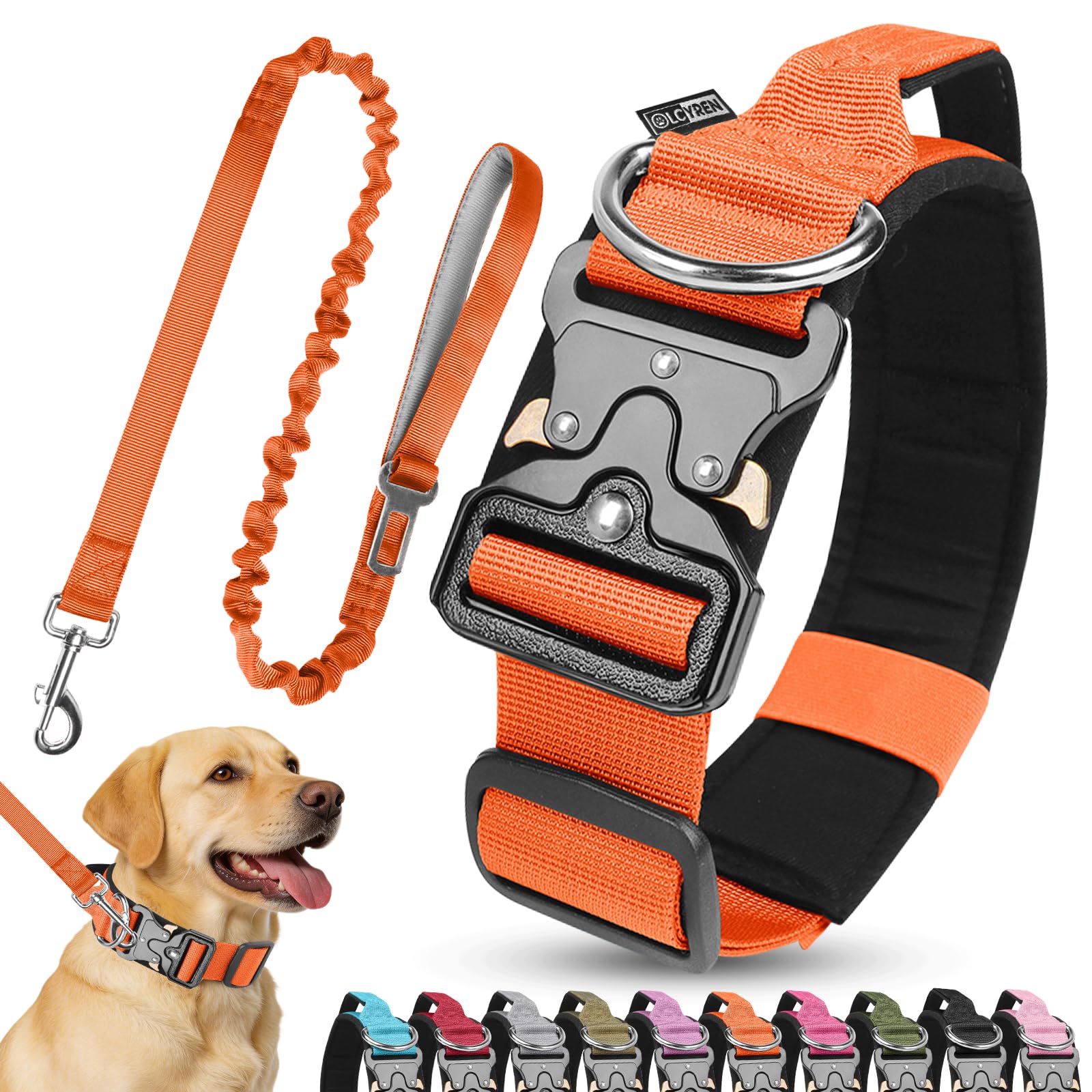 Olcyren Dog Collar and Lead Set, Tactical Nylon Adjustable Dog Collar with Handle, Soft Padded Pet Collars with Heavy Duty Metal Buckle for Medium Large Dogs Training (Orange, M) — image 1