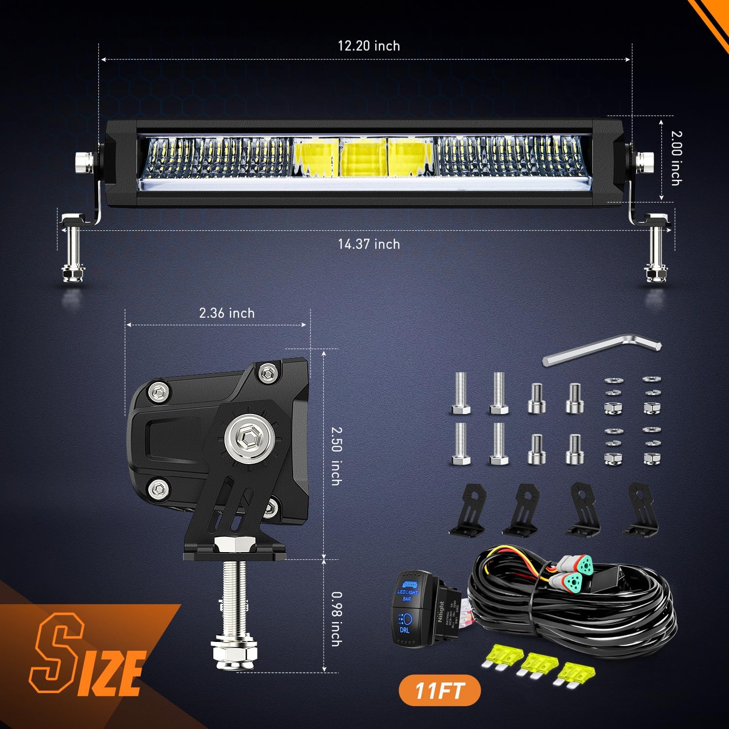 Nilight LED Light Bar with Amber DRL 2 PCS 45 W 12.2 Inch Single Row Slim 4980 LM Anti-Glare Flood Spot Combo IP68 Offroad Driving Lights w/ 16AWG DT Wiring Kit for Pickup Truck SUV ATV UTV 4x4 Jeep