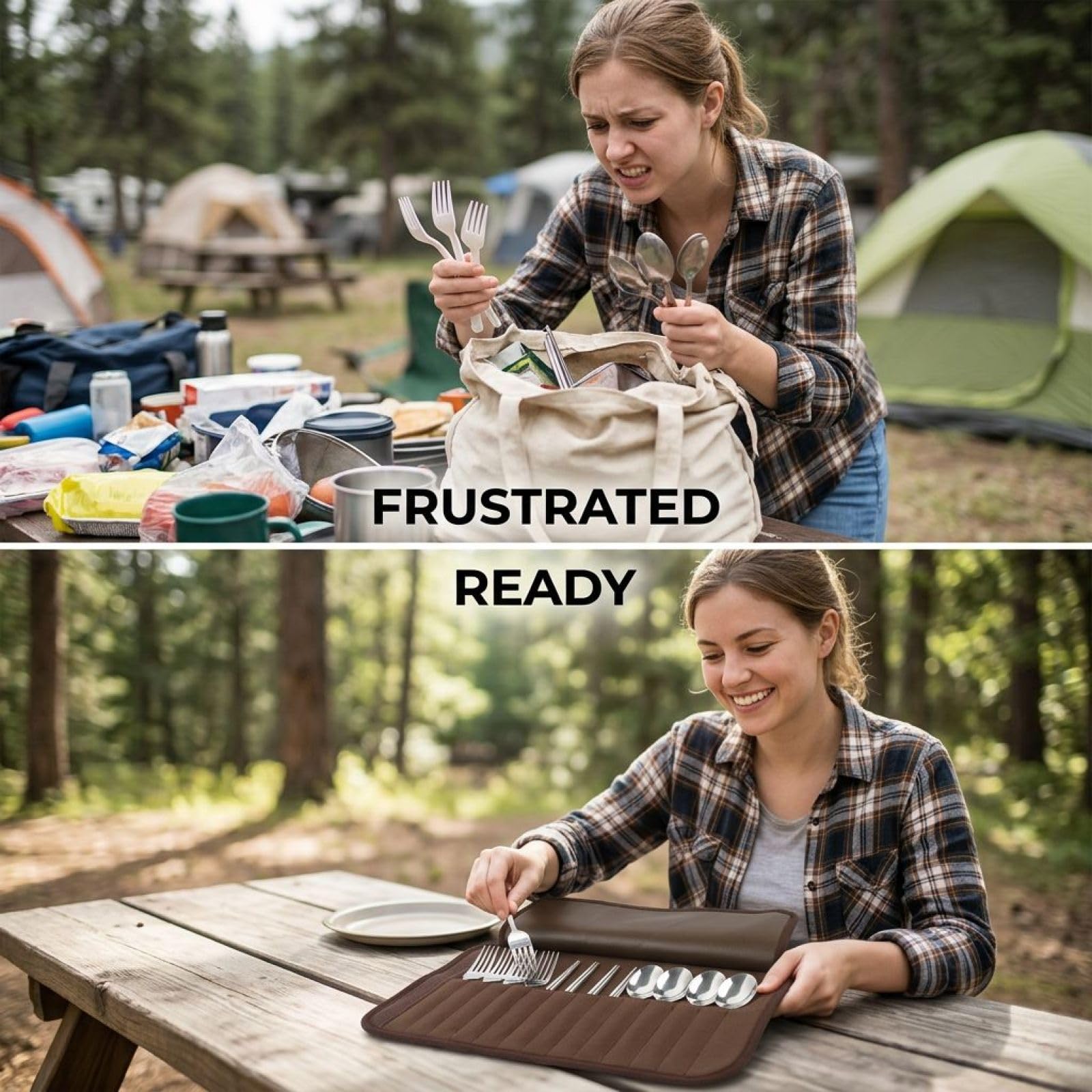 13-teiliges Besteckset für 4 Personen aus Edelstahl, mit 4 Löffeln, 4 Gabeln und 4 Essstäbchen, faltbar im kompakten Reiseetui, ideal für Camping, BBQ, Picknick und Outdoor-Aktivitäten