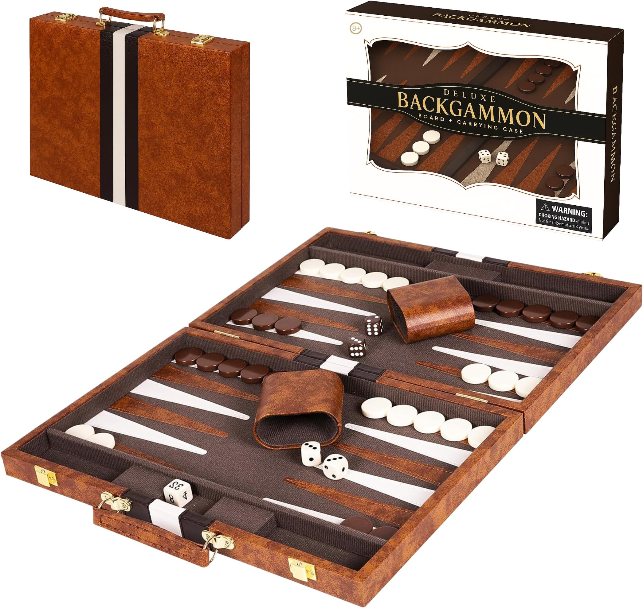 Premium Backgammon 15 Inches Medium Brown - Backgammon Sets for Adults and Kids - Leatherette Back Gammon Board Game Set - Travel Backgammon Set Board Encased with Accessories
