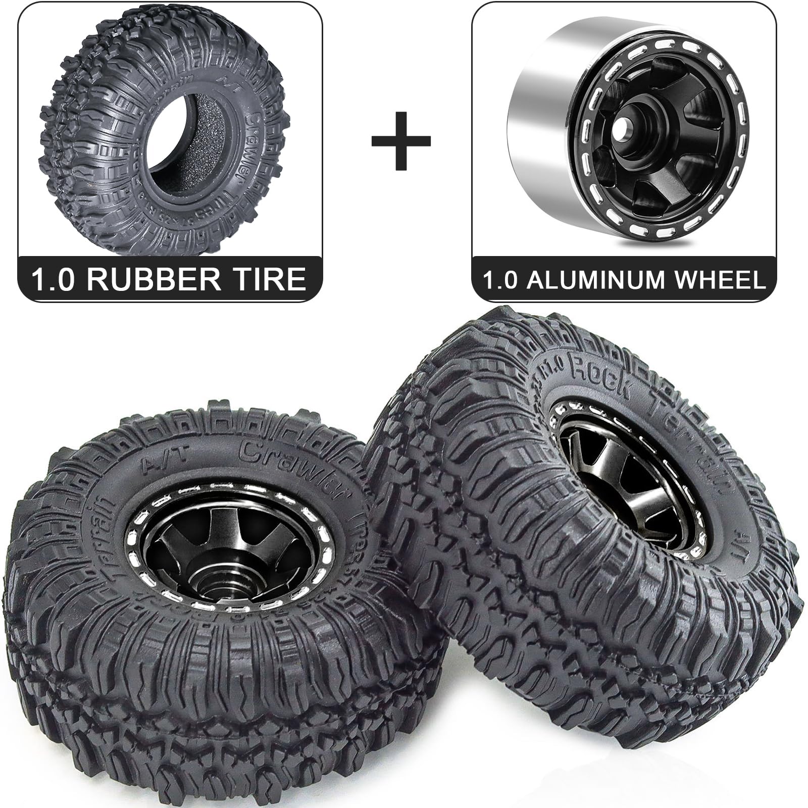 1.0 Beadlock Wheels and Tires Set 57 x 24 mm 1.0 inch Rubber Rock Crawler Tires & Alloy Blade Wheels for 1/18 1/24 Axial SCX24 TRX4M Gladiator Bronco C10 JLU Deadbolt RC Crawler Car Upgrade(Black) - Image 3