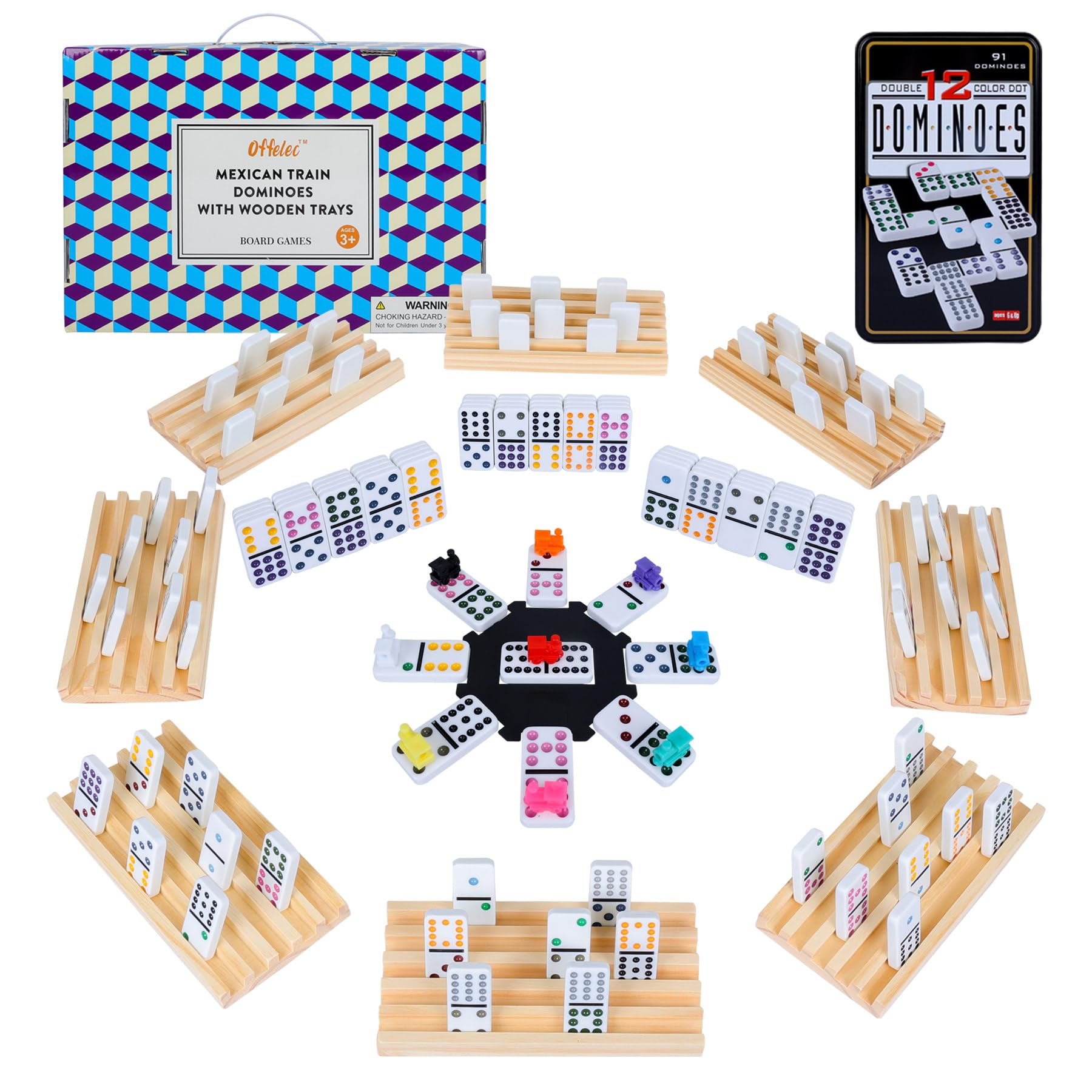 Mexican Train Dominoes Set with 8 Wooden Holders | Double 12 Dominoes with 91 Color-Coded Tiles & Hub | Domino Tile Board Games for 2-8 Players |