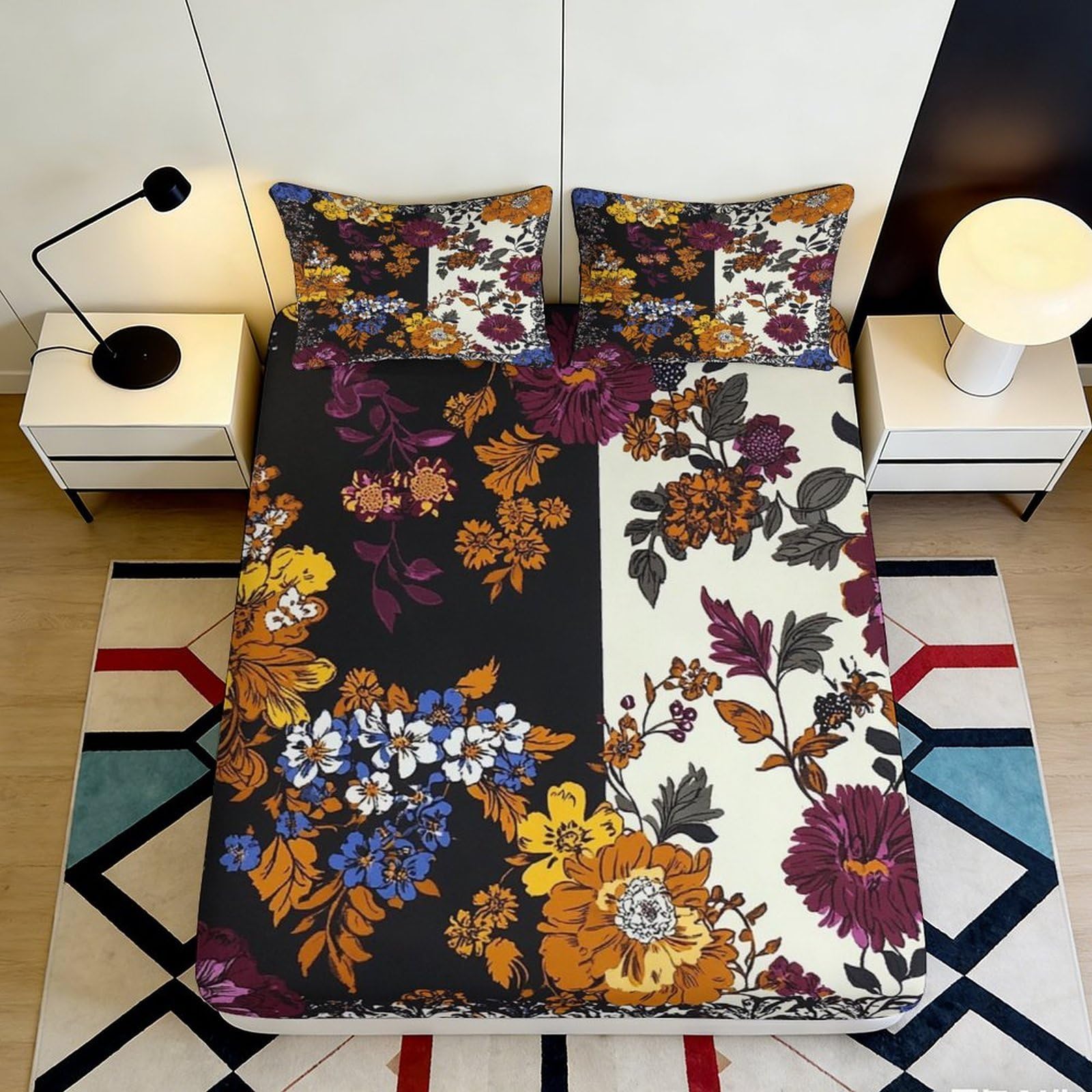 3D Printed Vintage Floral Fitted Sheet Microfiber Soft Breathable Abstract Botanical Bed Cover for Bedroom Guestroom Decor 90x200x25cm