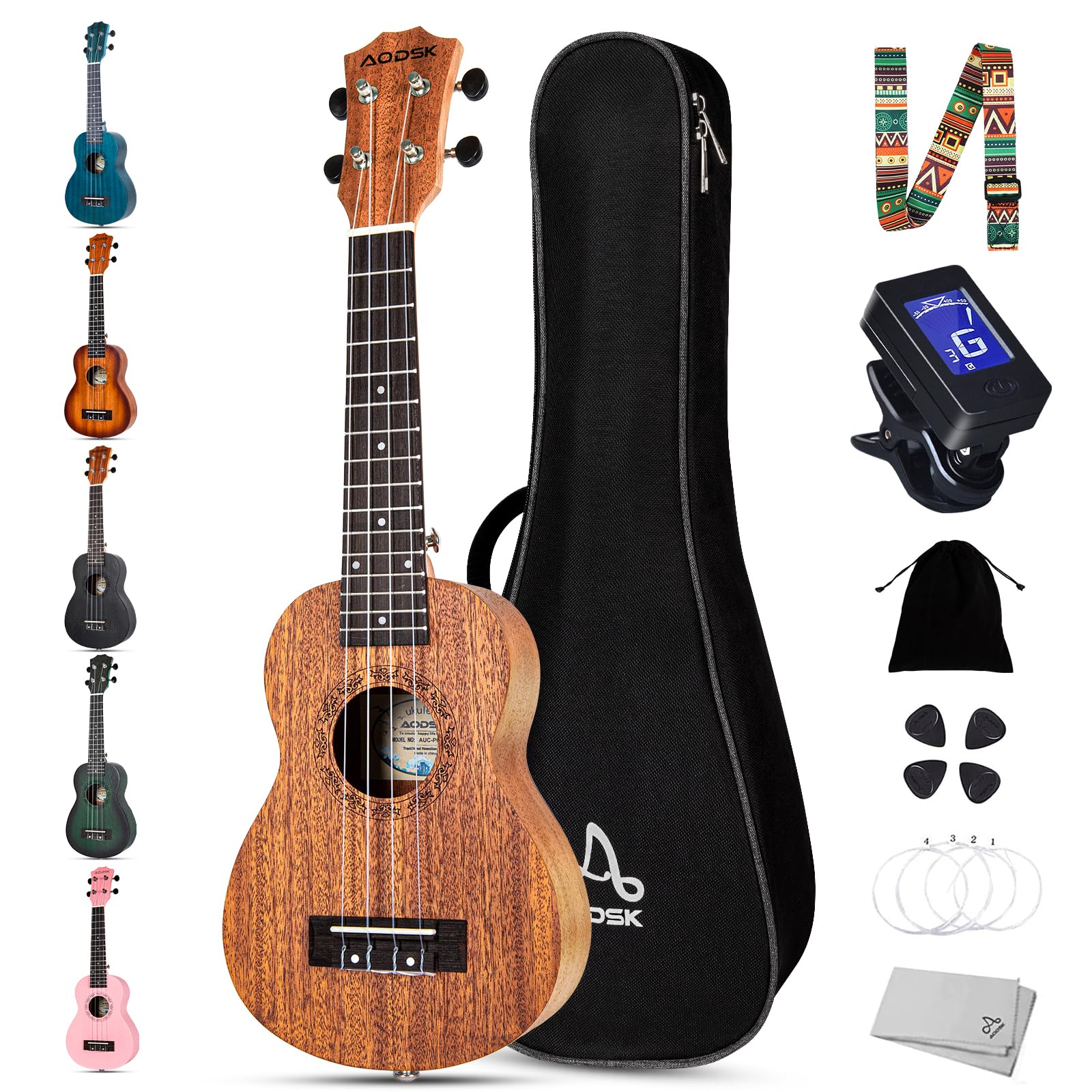 AODSK Ukulele For Beginners,Starter Bundle Kit with Free Gig Bag Strap,Professional Acoustic Ukelele Four String Wooden Hawaiian Uke for Kids Students Starter Kit (AUS-P06 Sapele Natural Soprano)