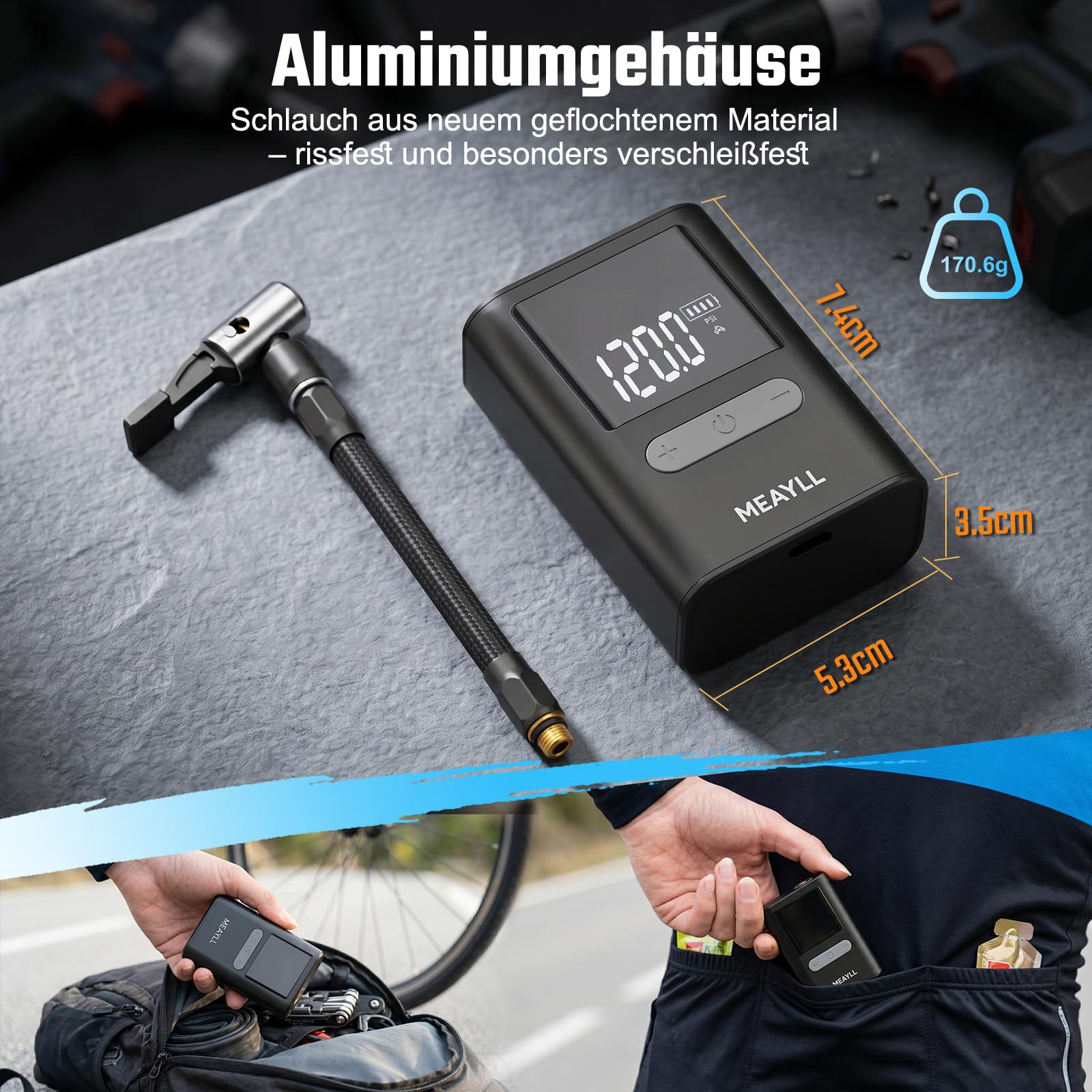 Mini Fahrradpumpe Elektrisch mit Manometer, 120 PSI Mini Pumpe für Auto-Stopp und schnelles Aufpumpen, 500 mAh Akku Luftpumpe Fahrrad mit Presta- und Schrader-Ventil für Rennrad, MTB, E-Bike, Motorrad