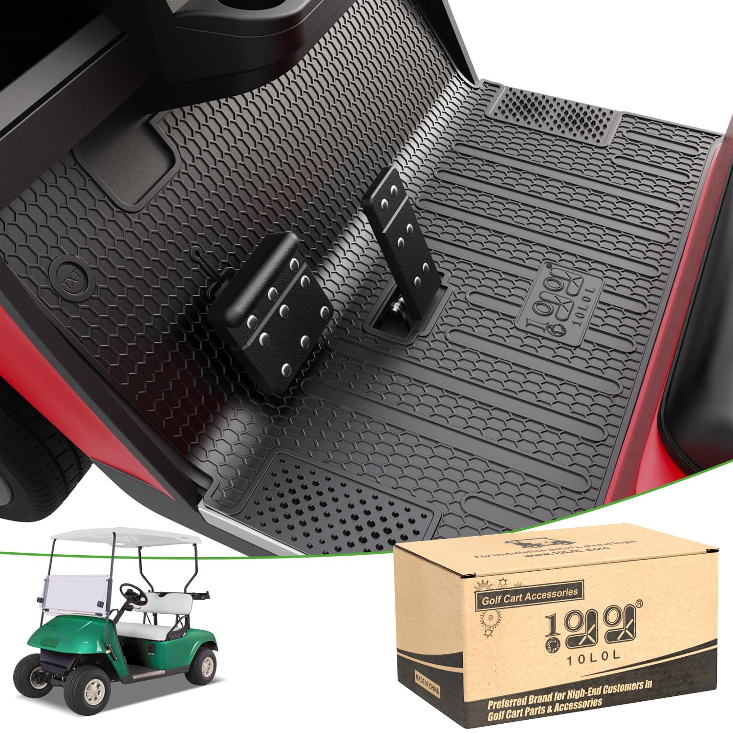 Photo 1 of 10L0L Golf Cart Floor Mat for EZGO TXT 1994-up, Non-Slip Full Coverage Liner Floormat Replacement with 10mm Thick Rubber, Grass-Scraping Design, Honeycomb Pattern - Black