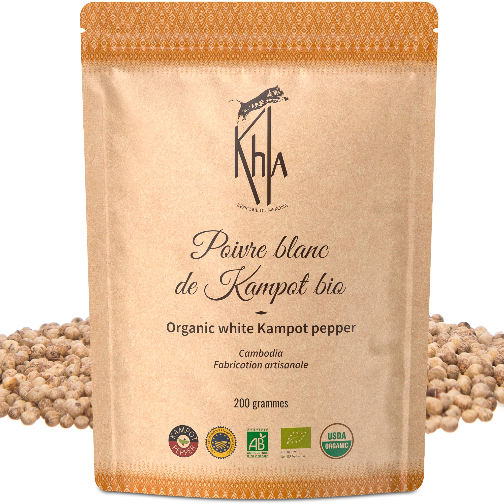 Khla - Poivre Blanc de Kampot Bio - Sachet Vrac Poivre en Grains 200g - Recharge Moulin - Grand Cru, Fort & Puissant - Ingrédient Cuisine - Direct Producteur - Épice Asie - Origine Cambodge