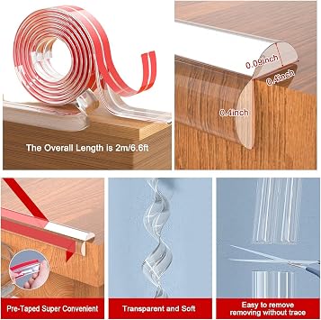 Clear Edge and Corner Protector Kit – Soft Silicone Bumper Strip with 4 L-Shaped Corner Guards – Baby Proofing Solution for Sharp Edges and Corners (2M)