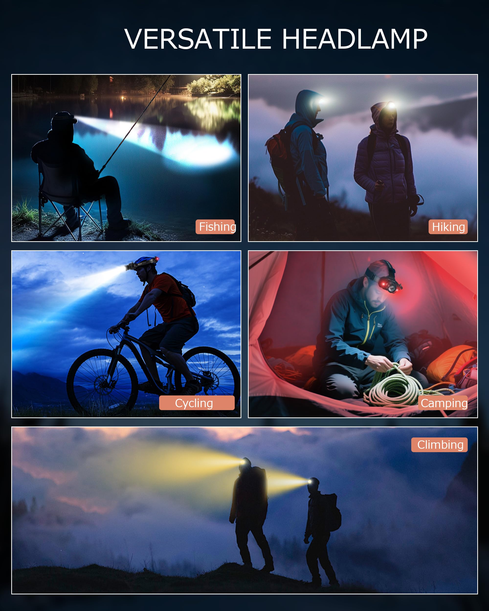 Torcia frontale ricaricabile con zoom e luce laterale rossa, 4000 lm, con sensore di movimento, luci a 3 colori, impermeabile IP65, regolabile a 90°, per escursionismo, pesca, campeggio