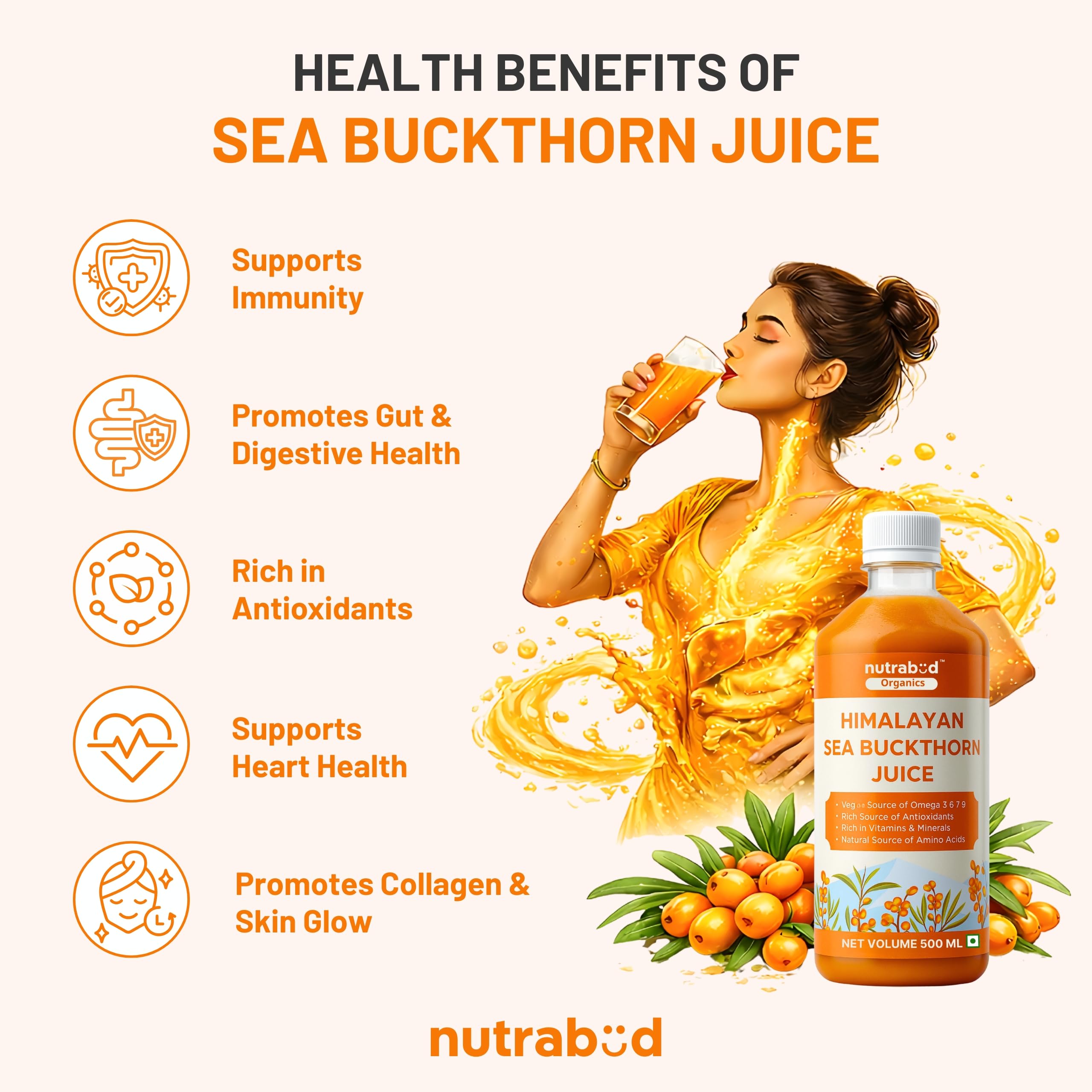 Nutrabud Organics Himalayan Sea Buckthorn Berry Juice - 500 ml - Natural Source of Vitamin C, Omega 3 6 7 9, Antioxidants For Immunity, Skin Glow & Gut Health - 50 Glasses (500ml (Pack of 1))