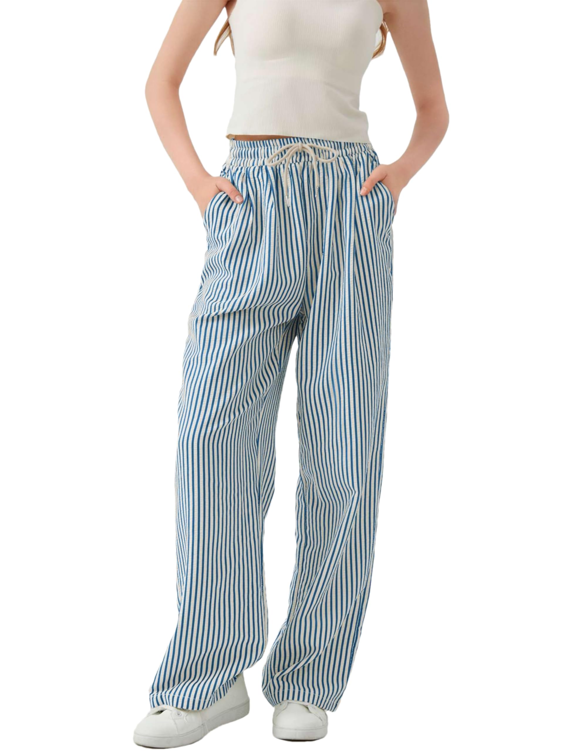 Womens Casual Striped Wide Leg Pants Y2k Drawstring Elastic High Waisted Trousers Loose Lounge Palazzo Pants