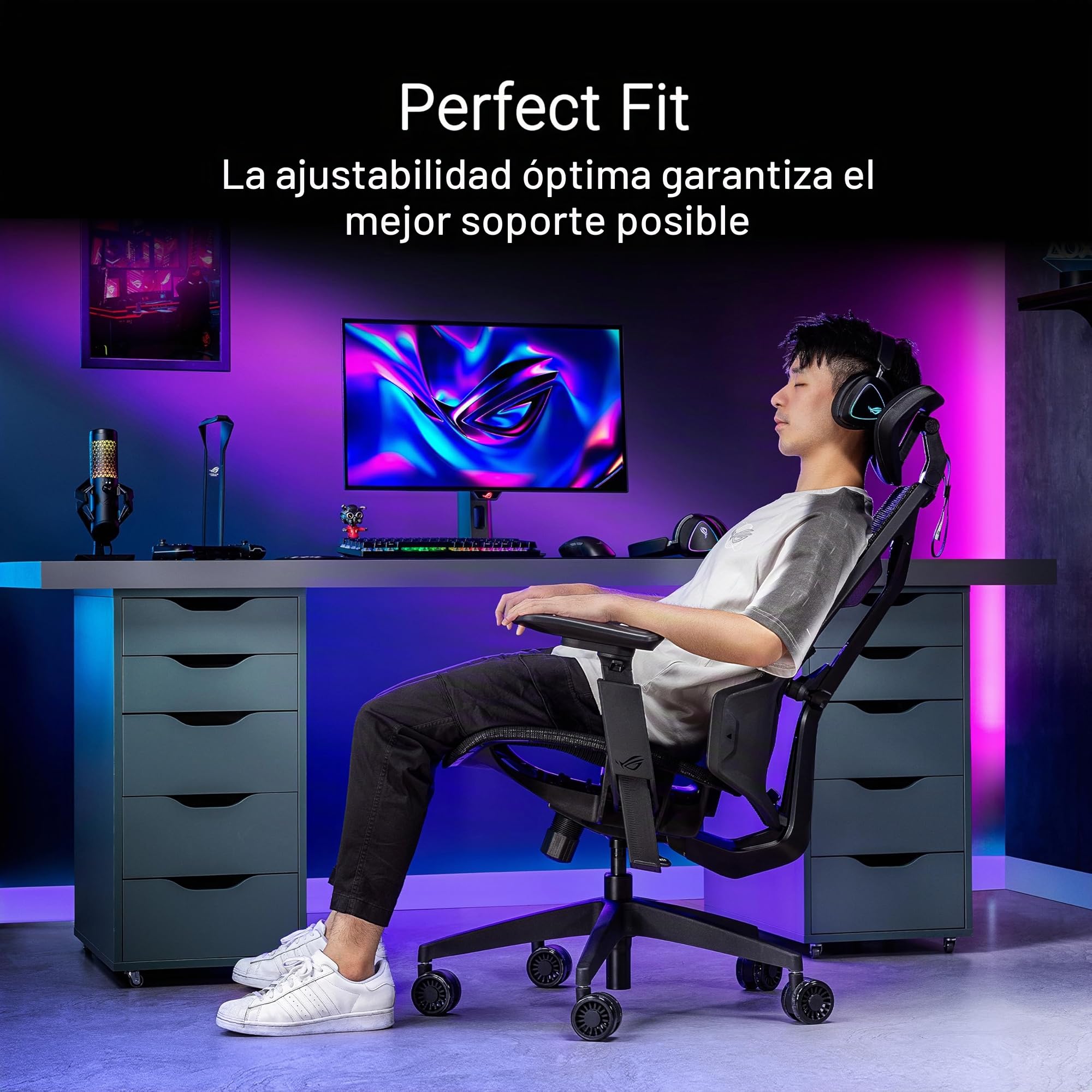 ASUS ROG Destrier Core - Silla Gaming ergonómica, reposacabezas 2D, Soporte Lumbar, reposabrazos 3D para Gaming móvil, Profundidad y Altura Ajustables, reclinación en 3 Posiciones - Negro