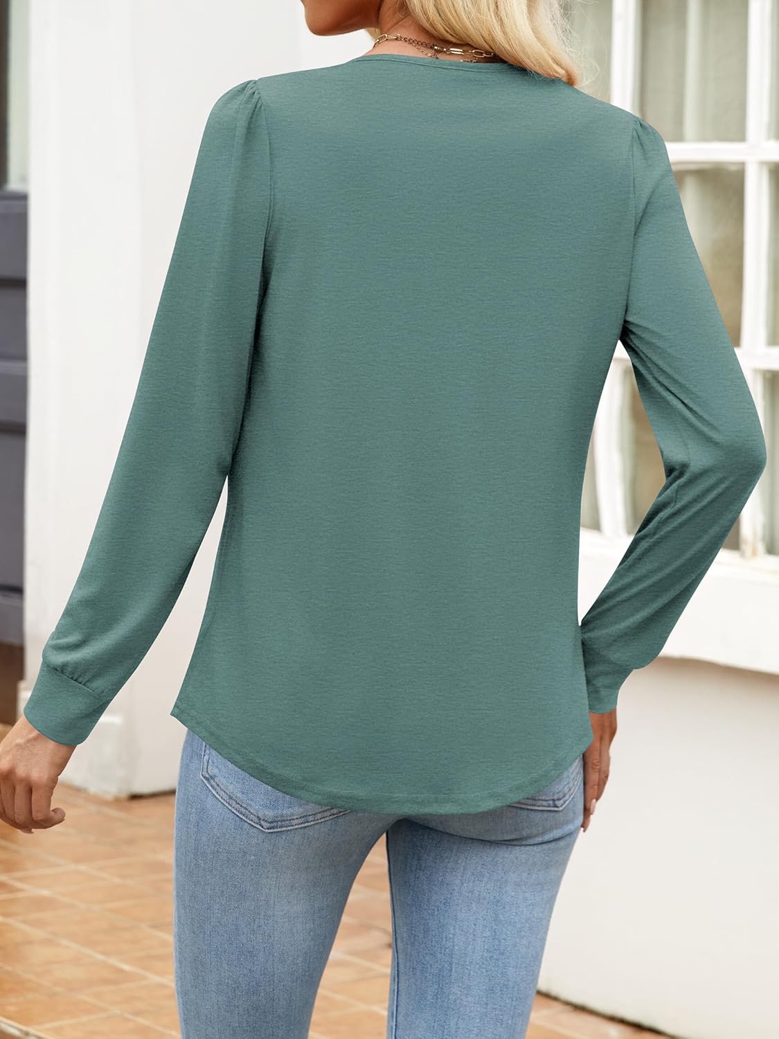 Funlingo Women's Puff Long Sleeve Tops Dressy Casual Square Neck Pleated Work Blouse Fall Trendy Tunic Flowy Chiffon Shirts - Image 3