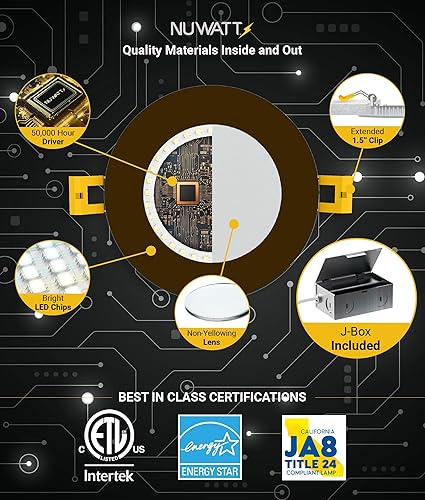 Miniatura 4 de NUWATT Paquete de 12 luces LED empotrables de bronce ultrafinas de 6 pulgadas, 5CCT 2700K3000K3500K4000K5000K seleccionable, alto brillo 1050