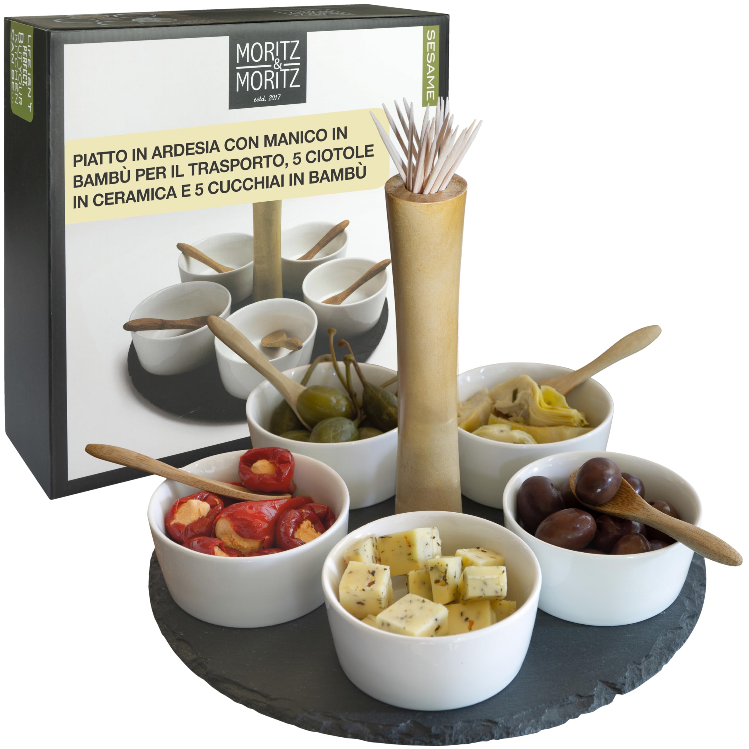 Moritz & Moritz set da 11 pz Serving Set Sesame - vassoio in ardesia con manico in legno ciotole in ceramica cucchiai di bambù - per antipasti e snack