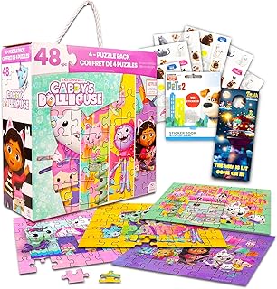 Gabby’s Dollhouse Puzzle - 4 Pack Bundle with 48 Pc Gabby’s Dollhouse Puzzles, Stickers, More (Gabby’s Dollhouse Party Supplies)