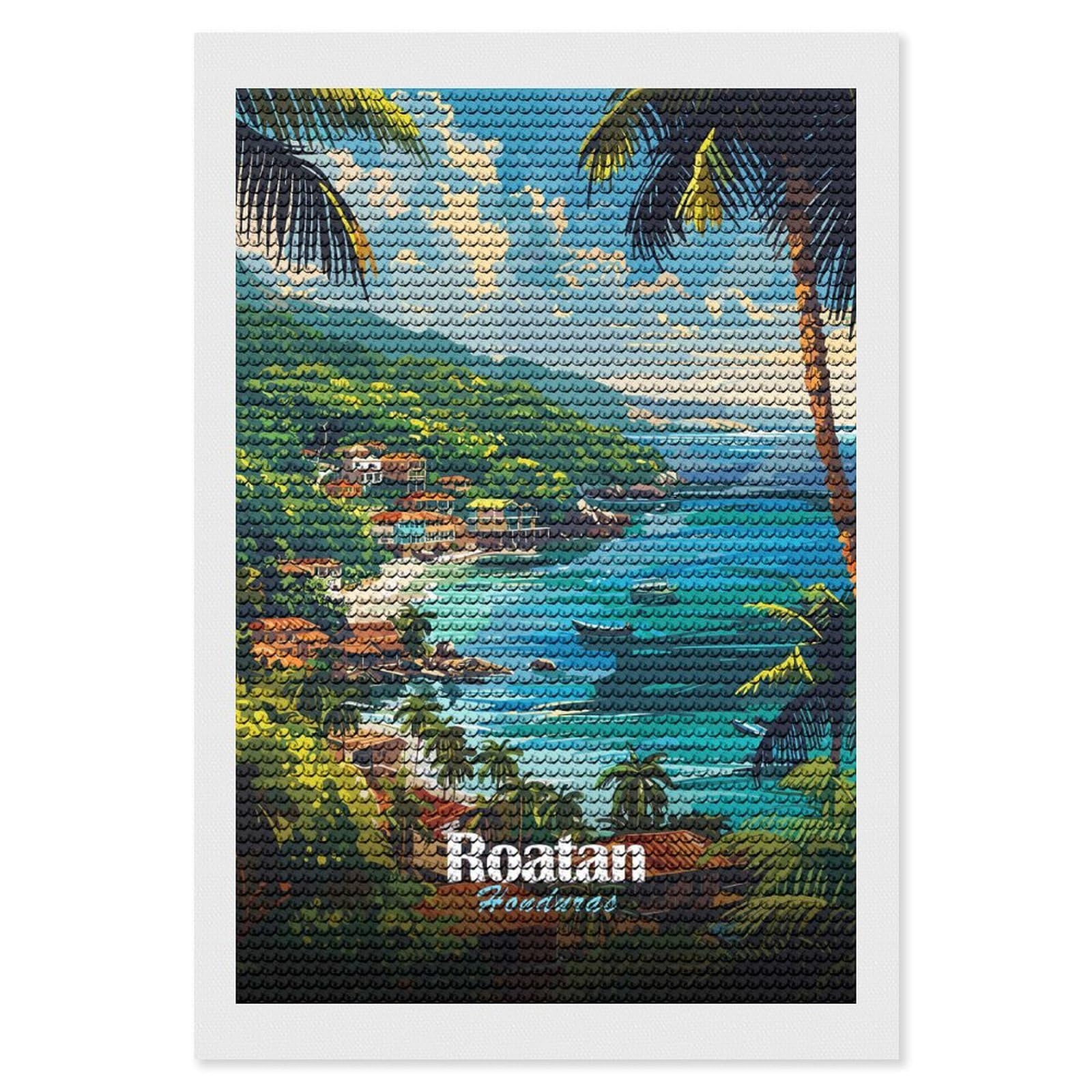 Junmoney Roatan Honduras Tropical Coastline Art DIY Diamond Art Canvas Kit 8"x12", for Teens, Finish and Display, Holiday Gift Idea, Vintage Style Decor