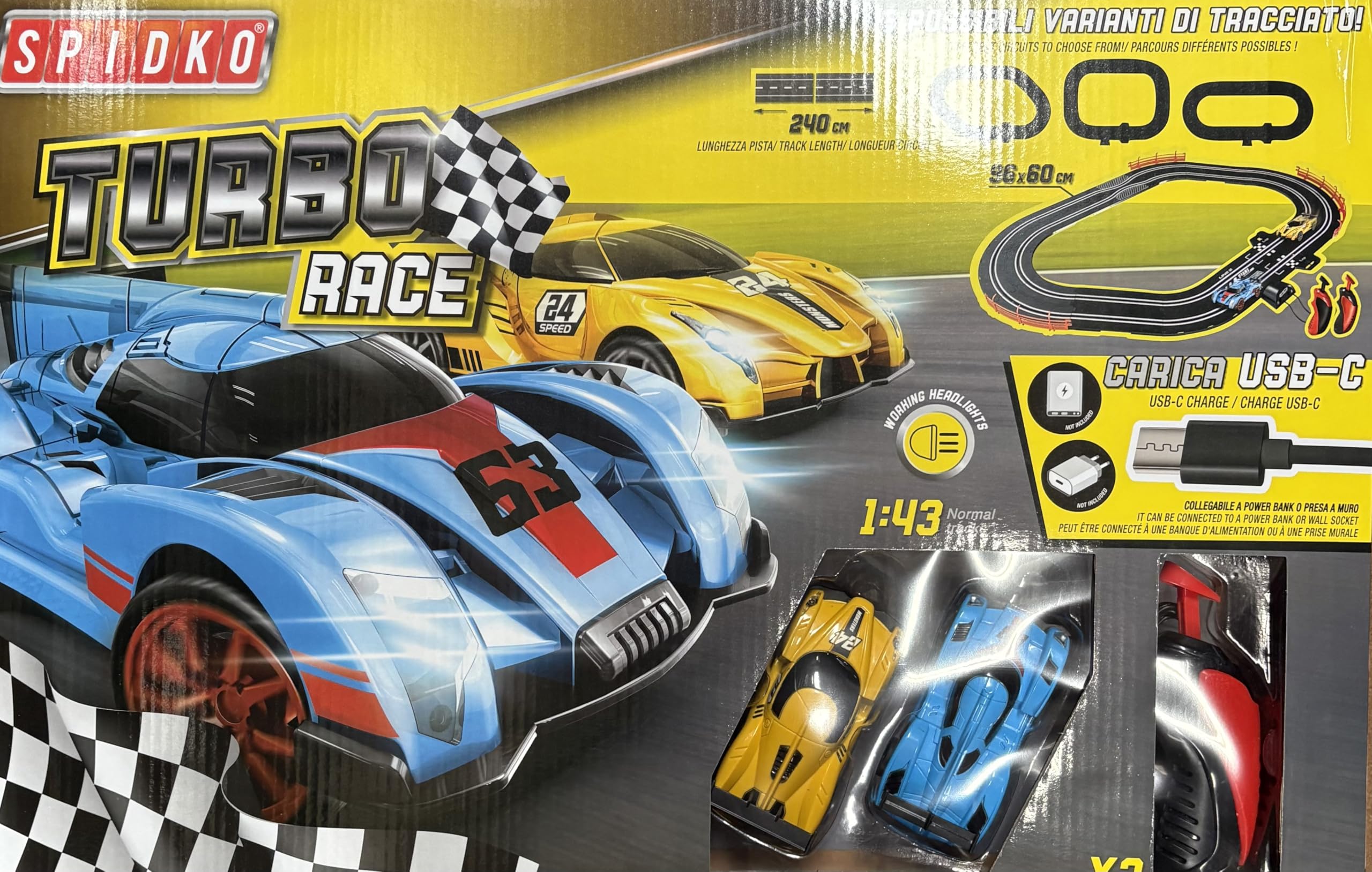 Spidko Turbo Race, Pista Auto da Corsa 1:43, Set con 3 Auto e Caricatore USB-C, Lunghezza Pista 240 cm