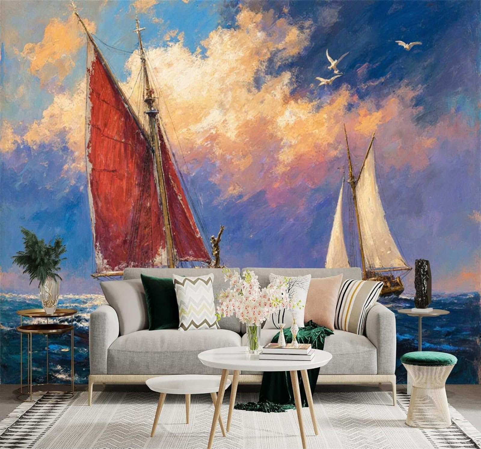 XLMING Waves Sailing Boat Sunrise Sky Seagulls 3D Wallpaper Silky Texture Home Study Office Grey Dining Room Sofa Bedroom Living Room TV Backdrop-150cm×105cm