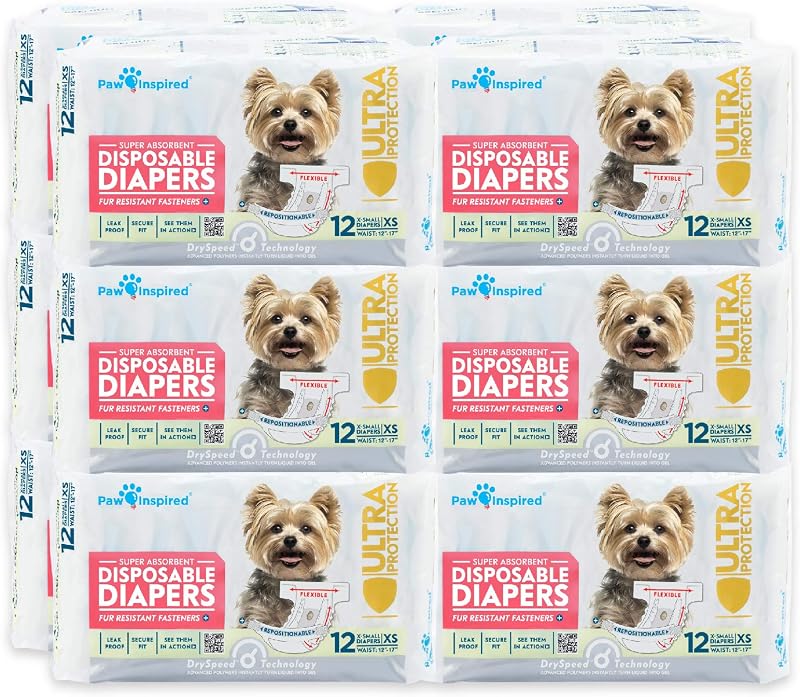 Fraldas Descartáveis para Cadelas Paw Inspired, Tamanho XS, Pacote com 144