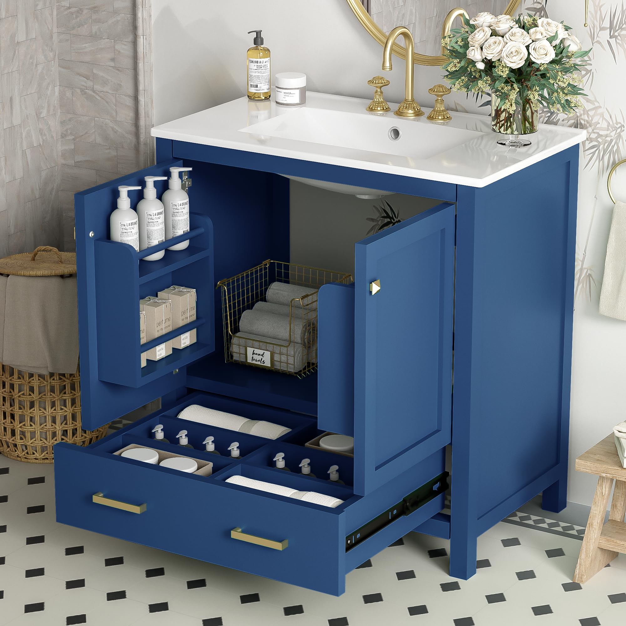Condition photo showing New/Like New for 30" bathroom vanity with sink 30 inch bathroom vanity with top, 2 doors and a drawer, soft closing, modern bathroom vanity with sink 30" for bathroom no mirror (blue)