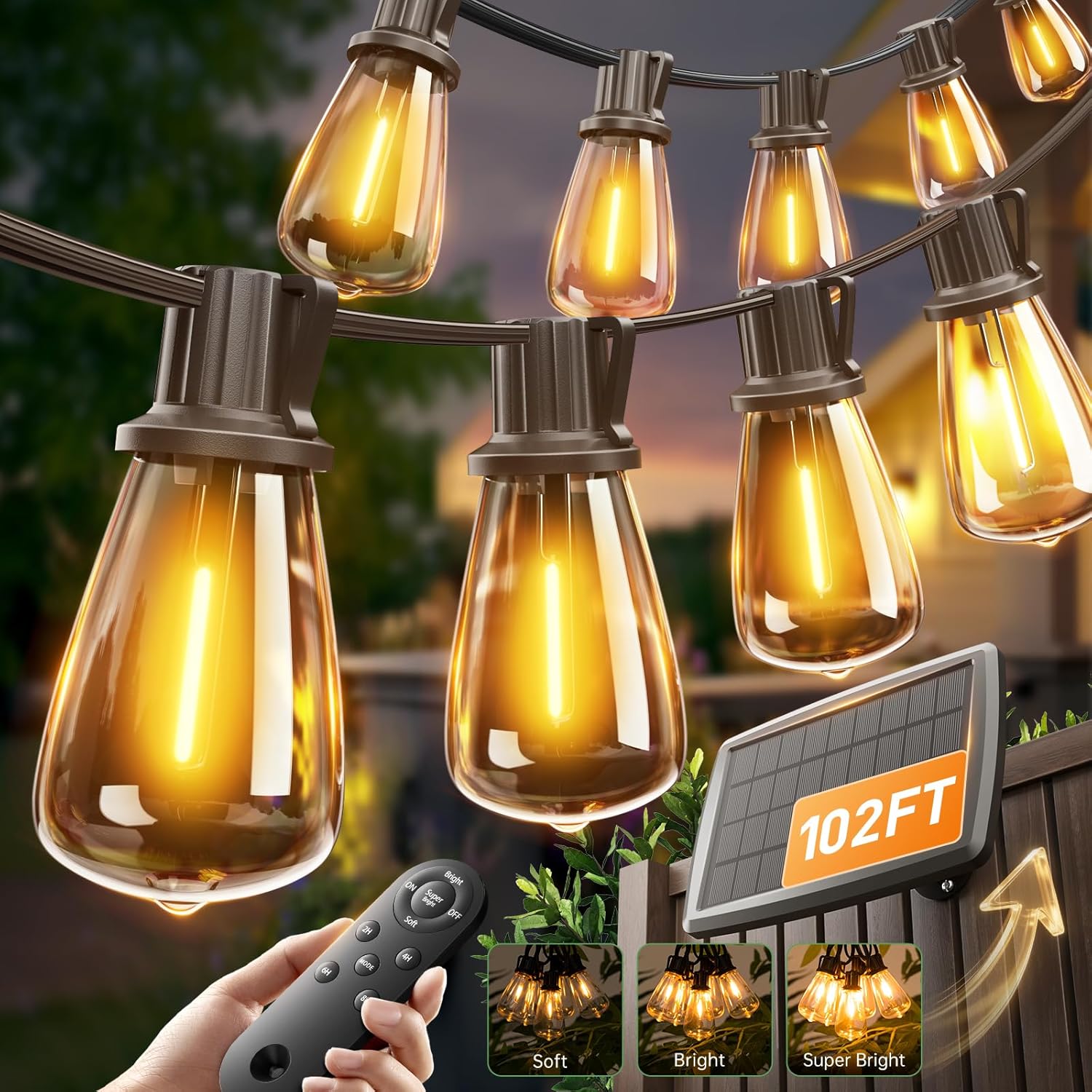addlon 102FT(96+6) Solar String Lights Outdoor with Remote, Waterproof Patio Lights with 30 Shatterproof LED Bulbs, 30H+ Long-Lasting Dimmable & Timable Solar Light for Backyard Camping Garden Decor