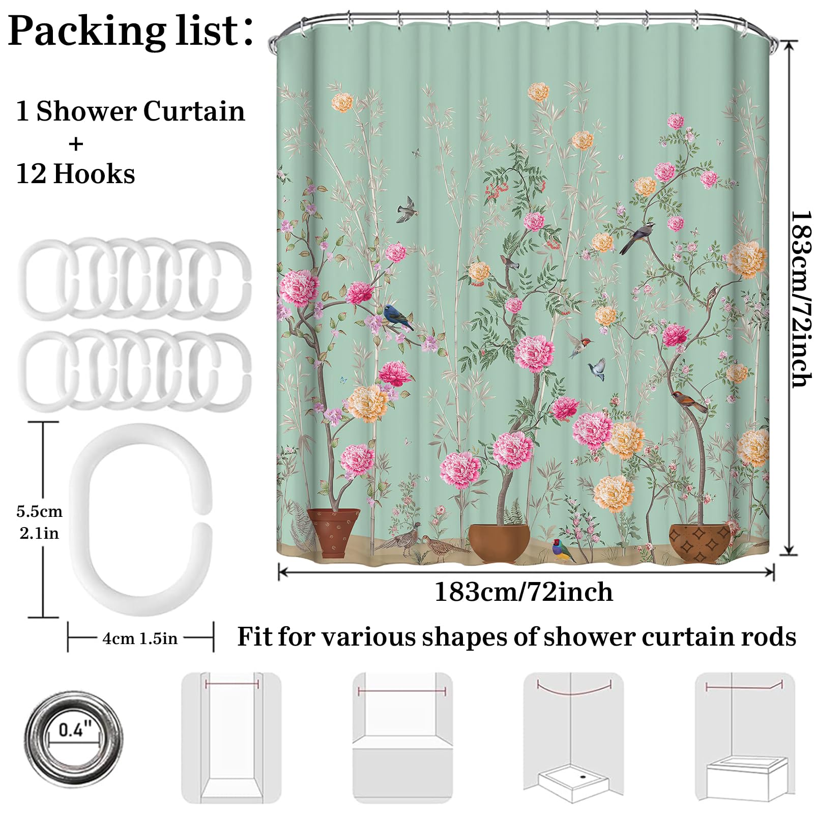 Simpomsy Floral Shower Curtain, Waterproof Bird Flower Bathroom Curtains, Mould Proof Resistant Wet Room Shower Curtains - Image 2